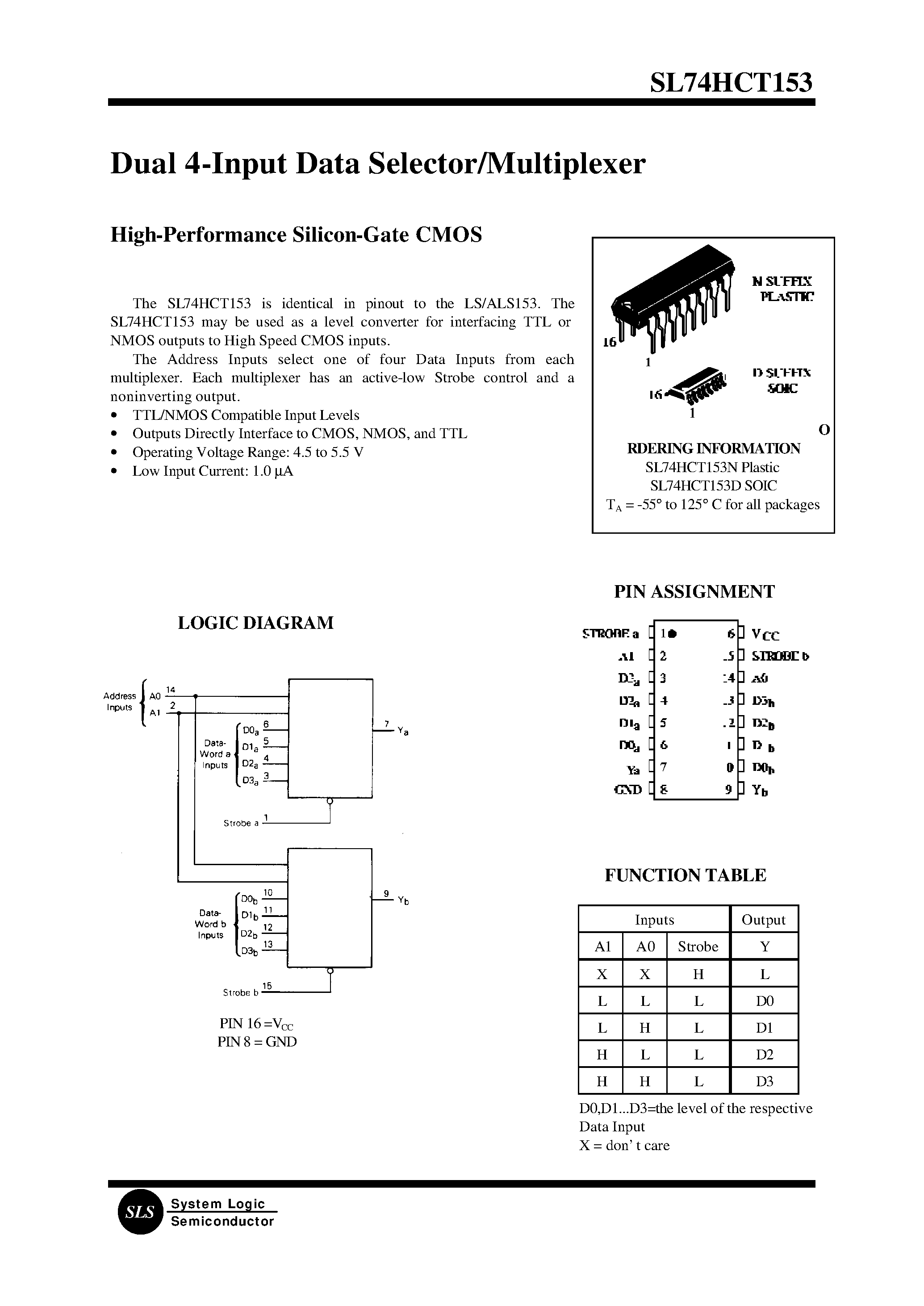 Datasheet SL74HCT153 - Dual 4-Input Data Selector/Multiplexer(High-Performance Silicon-Gate CMOS) page 1