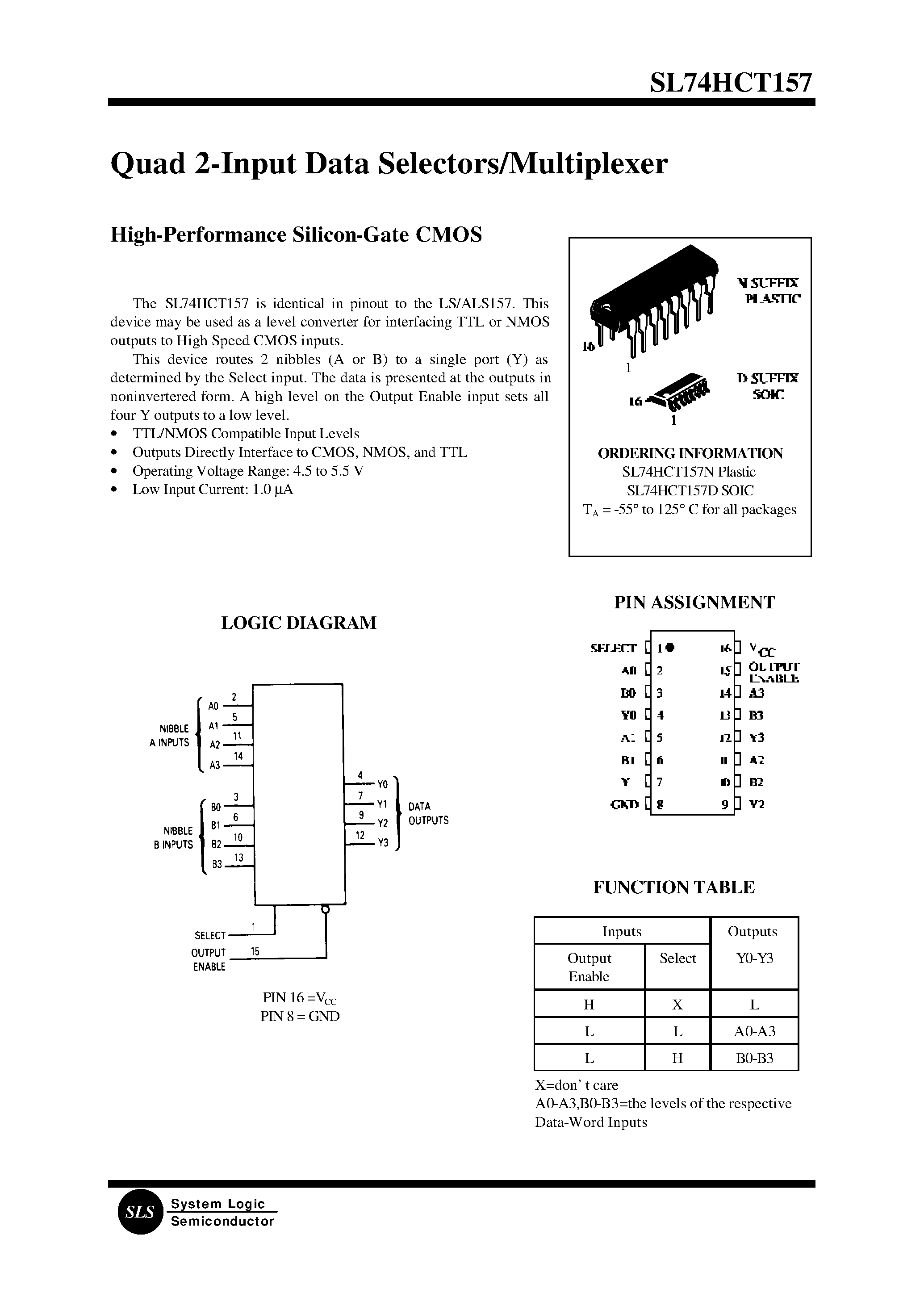 Datasheet SL74HCT157 - Quad 2-Input Data Selectors/Multiplexer(High-Performance Silicon-Gate CMOS) page 1