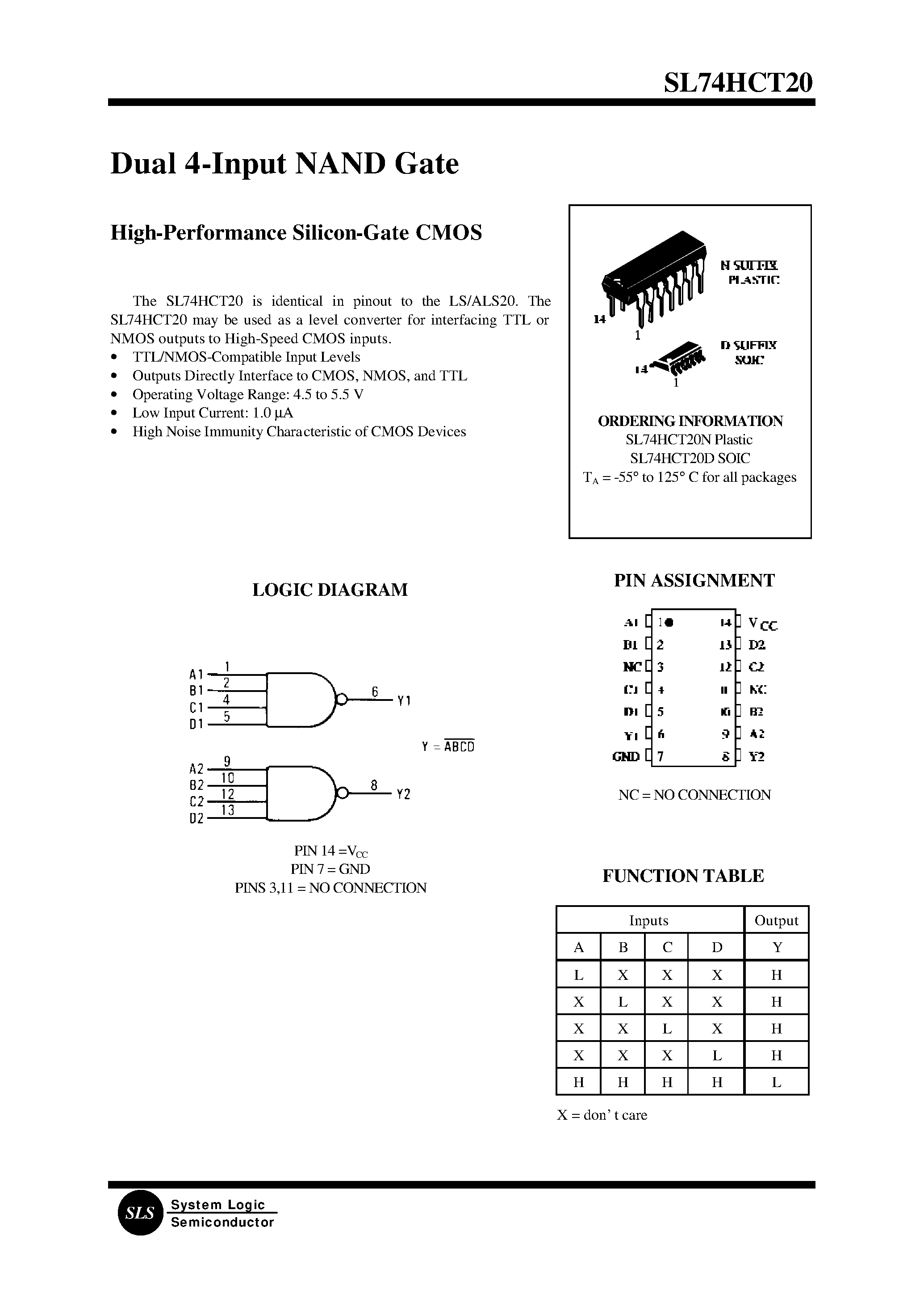 Datasheet SL74HCT20N - Dual 4-Input NAND Gate(High-Performance Silicon-Gate CMOS) page 1