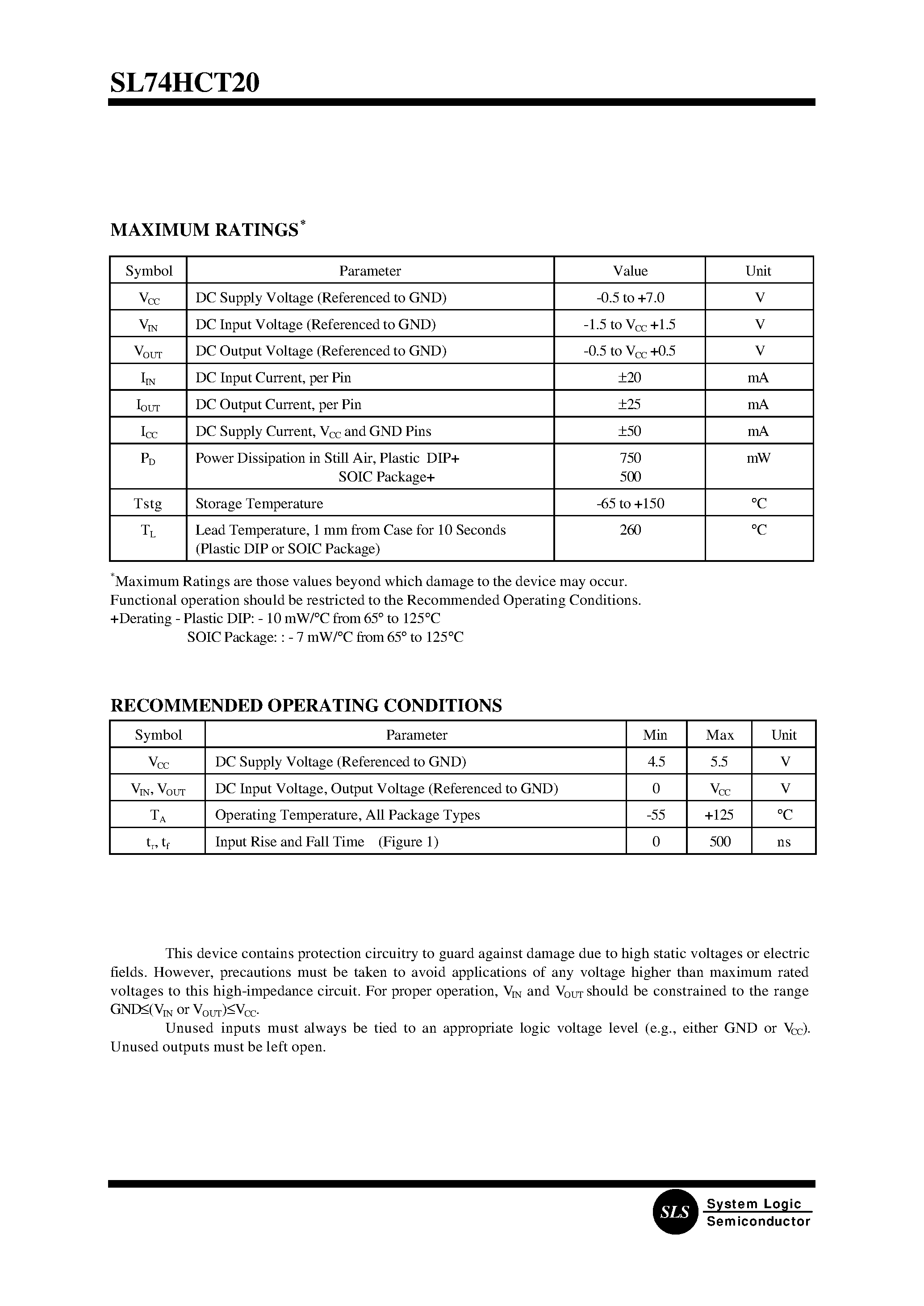 Datasheet SL74HCT20N - Dual 4-Input NAND Gate(High-Performance Silicon-Gate CMOS) page 2