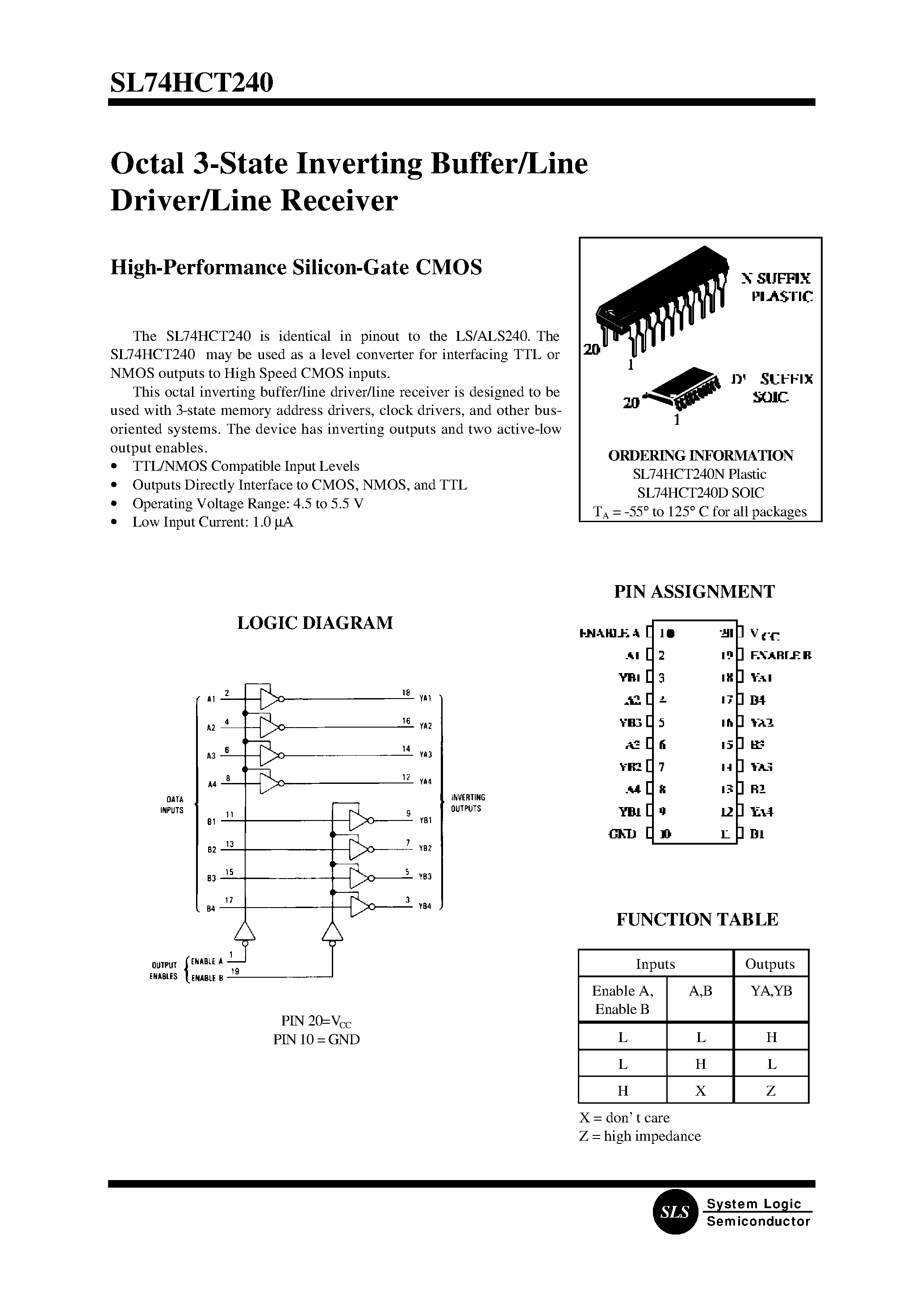 Datasheet SL74HCT240N - Octal 3-State Inverting Buffer/Line Driver/Line Receiver(High-Performance Silicon-Gate CMOS) page 1