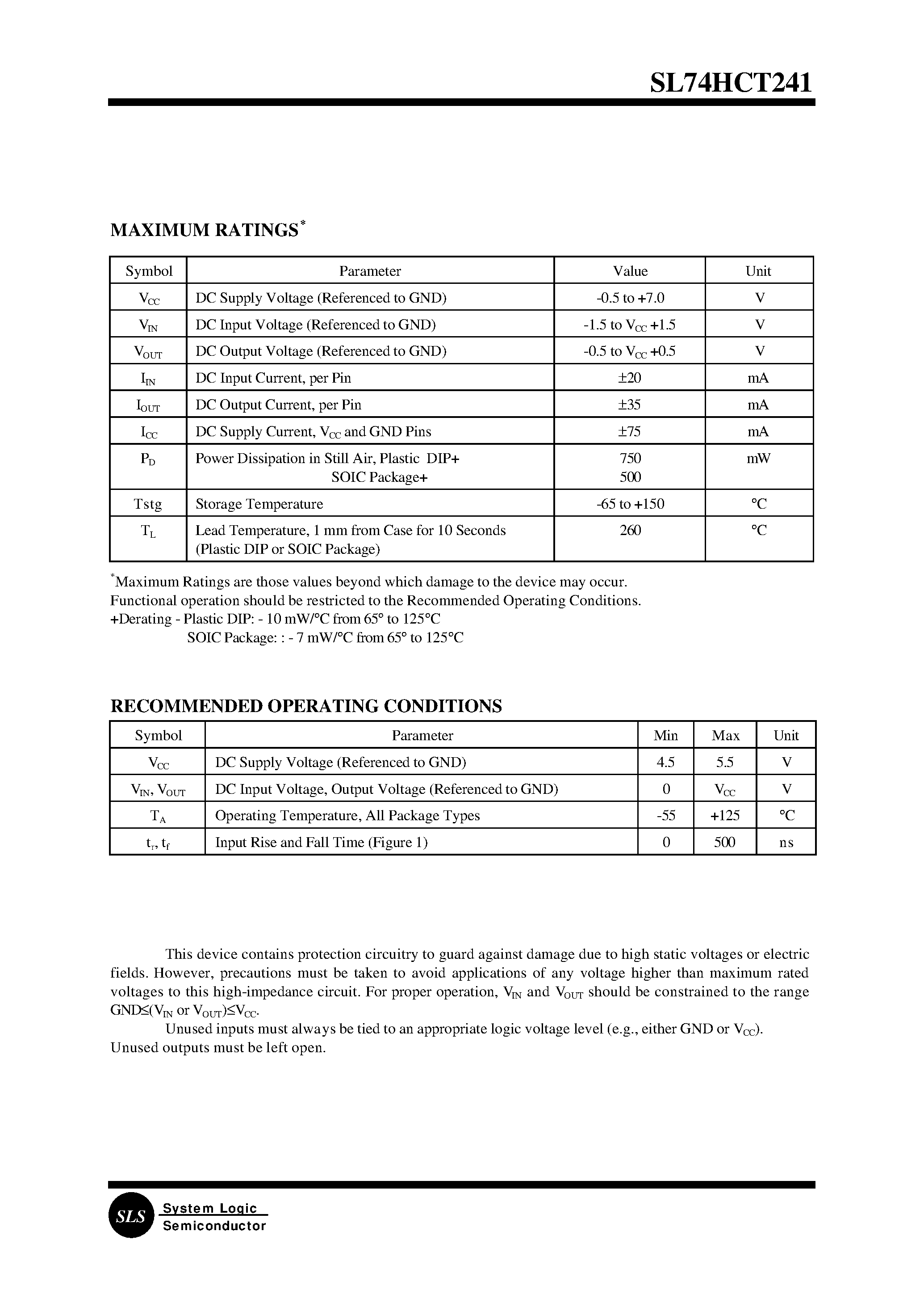 Datasheet SL74HCT241D - Octal 3-State Noninverting Buffer/Line Driver/Line Receiver(High-Performance Silicon-Gate CMOS) page 2