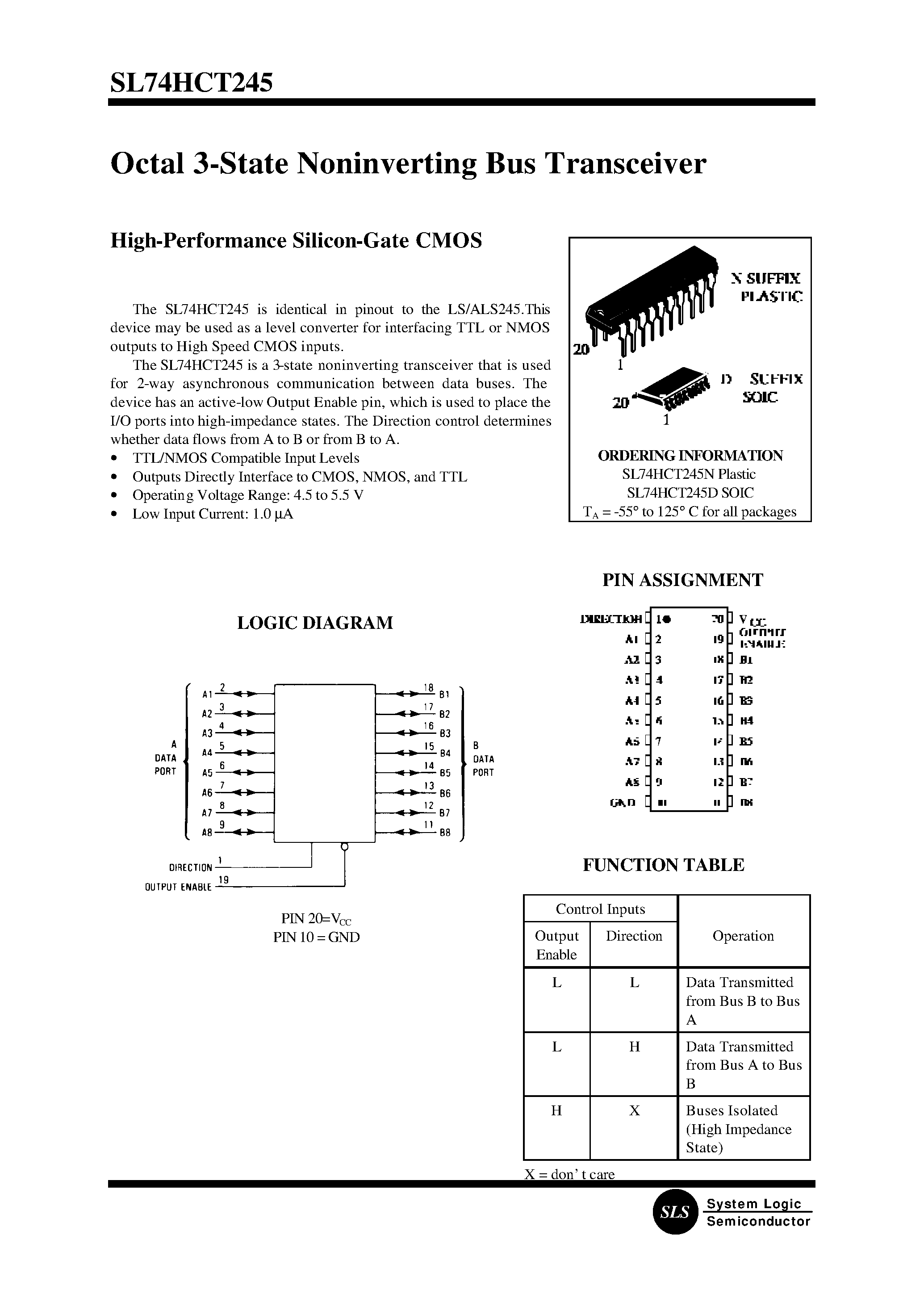 Datasheet SL74HCT245D - Octal 3-State Noninverting Bus Transceiver(High-Performance Silicon-Gate CMOS) page 1