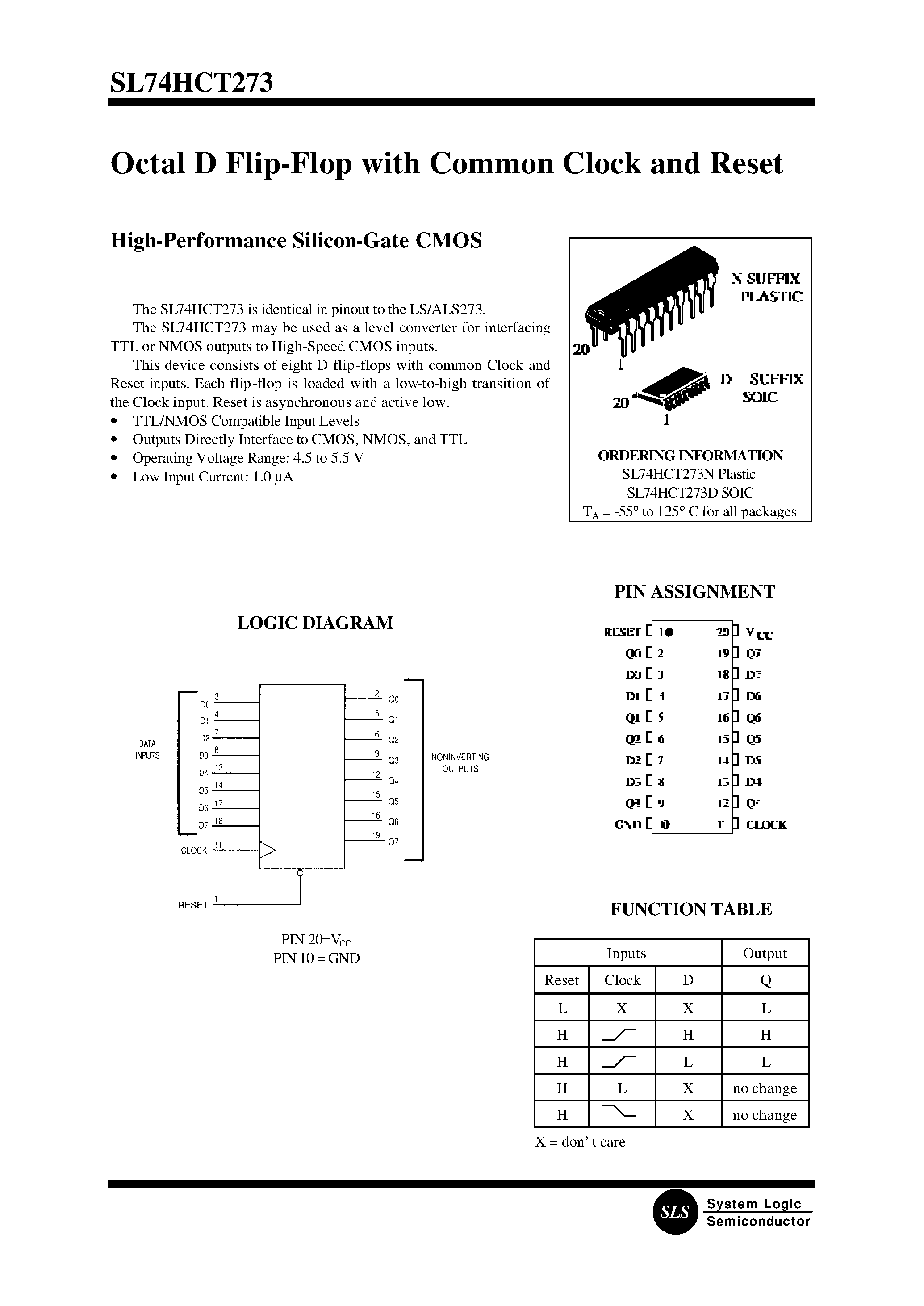 Даташит SL74HCT273N - Octal D Flip-Flop with Common Clock and Reset(High-Performance Silicon-Gate CMOS) страница 1