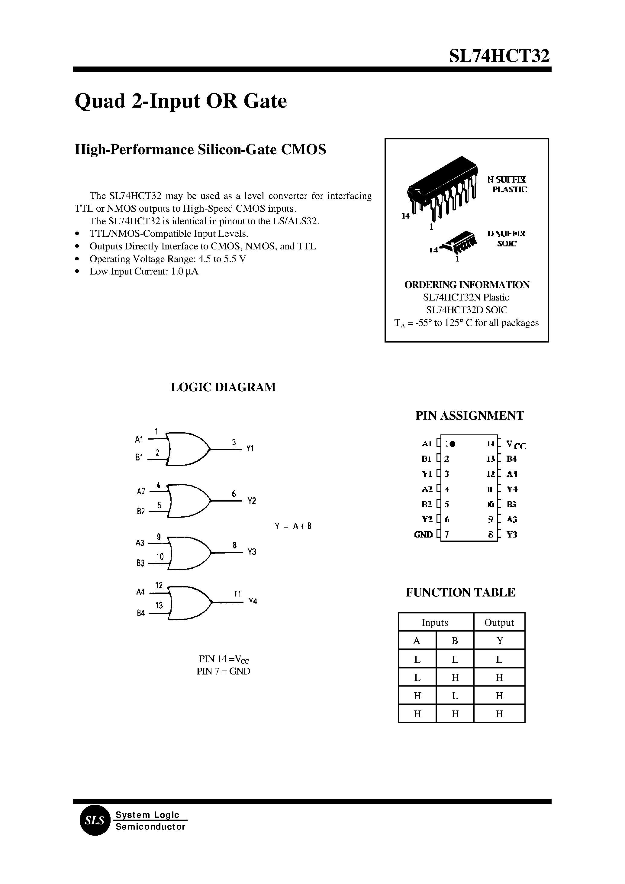 Datasheet SL74HCT32D page 1 Datasheet SL74HCT32D - Quad 2-Input OR Gate(High-Performance Silicon-Gate CMOS) page 1
