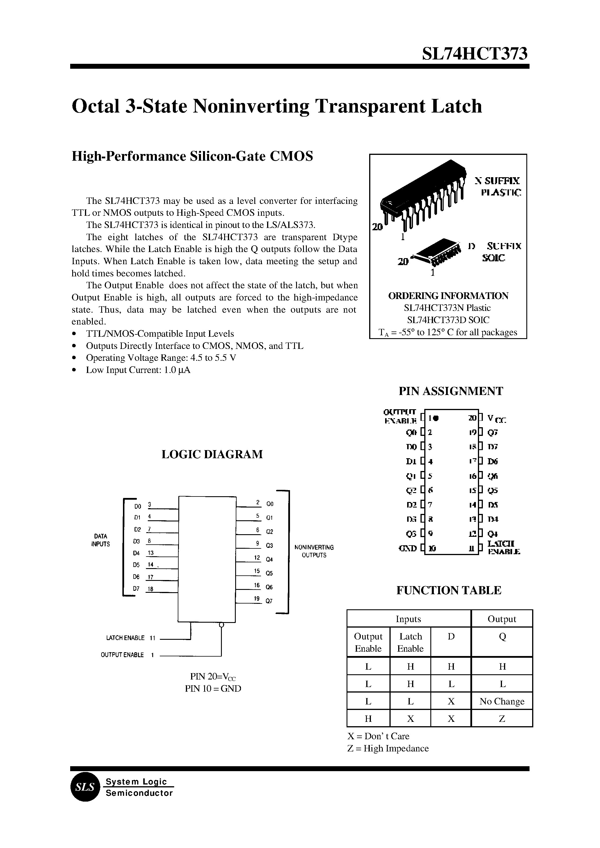 Datasheet SL74HCT373N - Octal 3-State Noninverting Transparent Latch(High-Performance Silicon-Gate CMOS) page 1