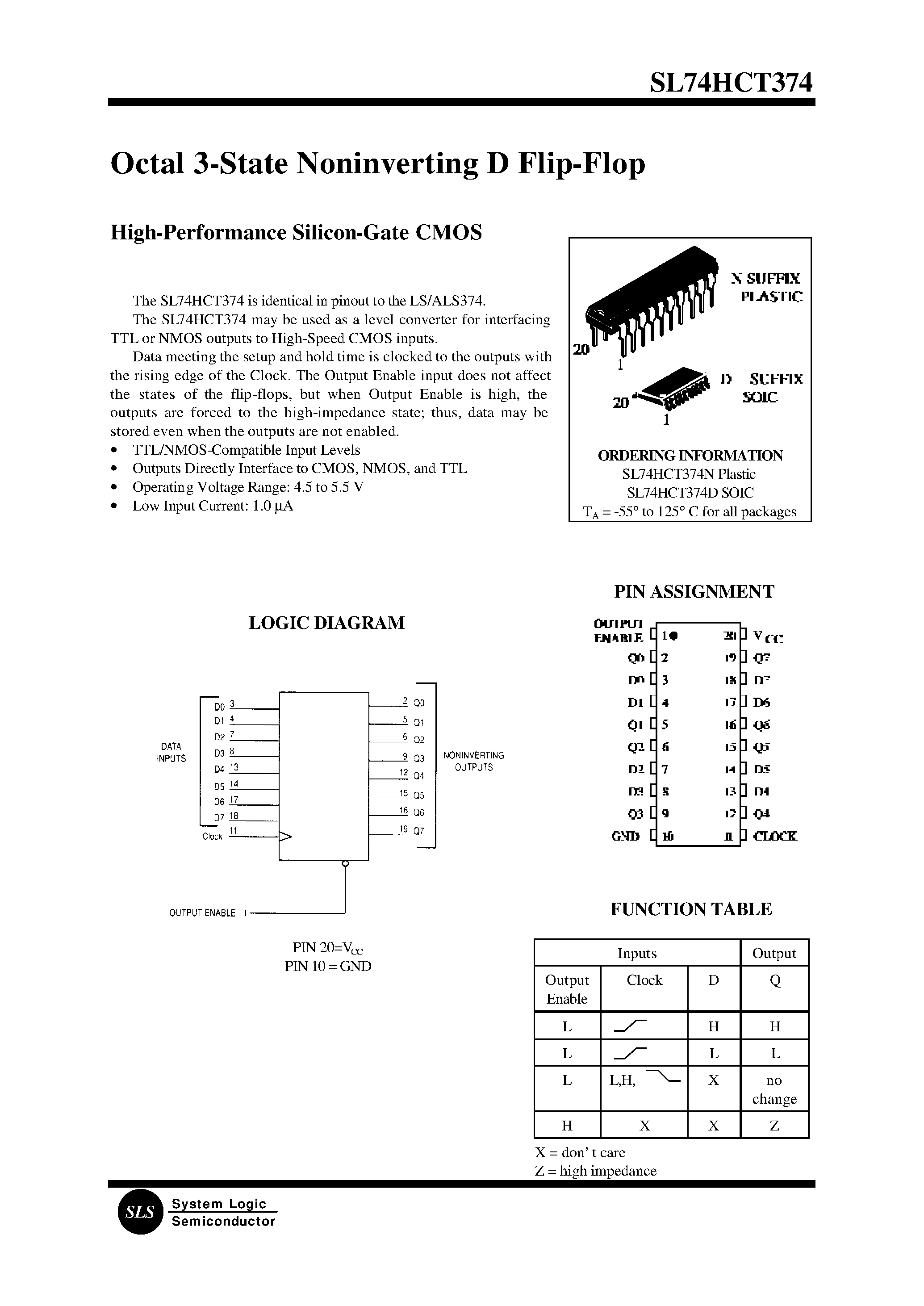 Даташит SL74HCT374 - Octal 3-State Noninverting D Flip-Flop(High-Performance Silicon-Gate CMOS) страница 1