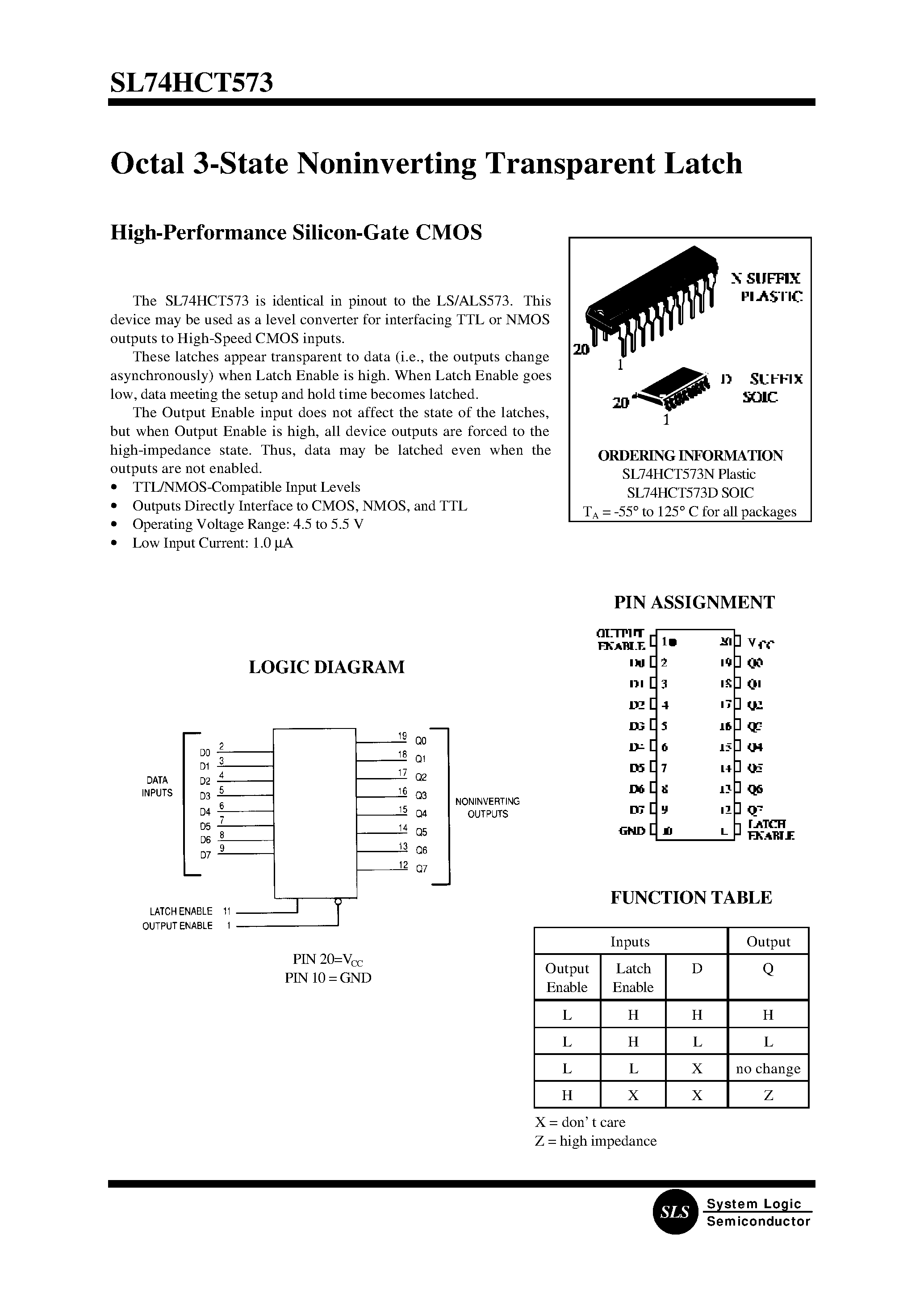 Datasheet SL74HCT573N - Octal 3-State Noninverting Transparent Latch(High-Performance Silicon-Gate CMOS) page 1