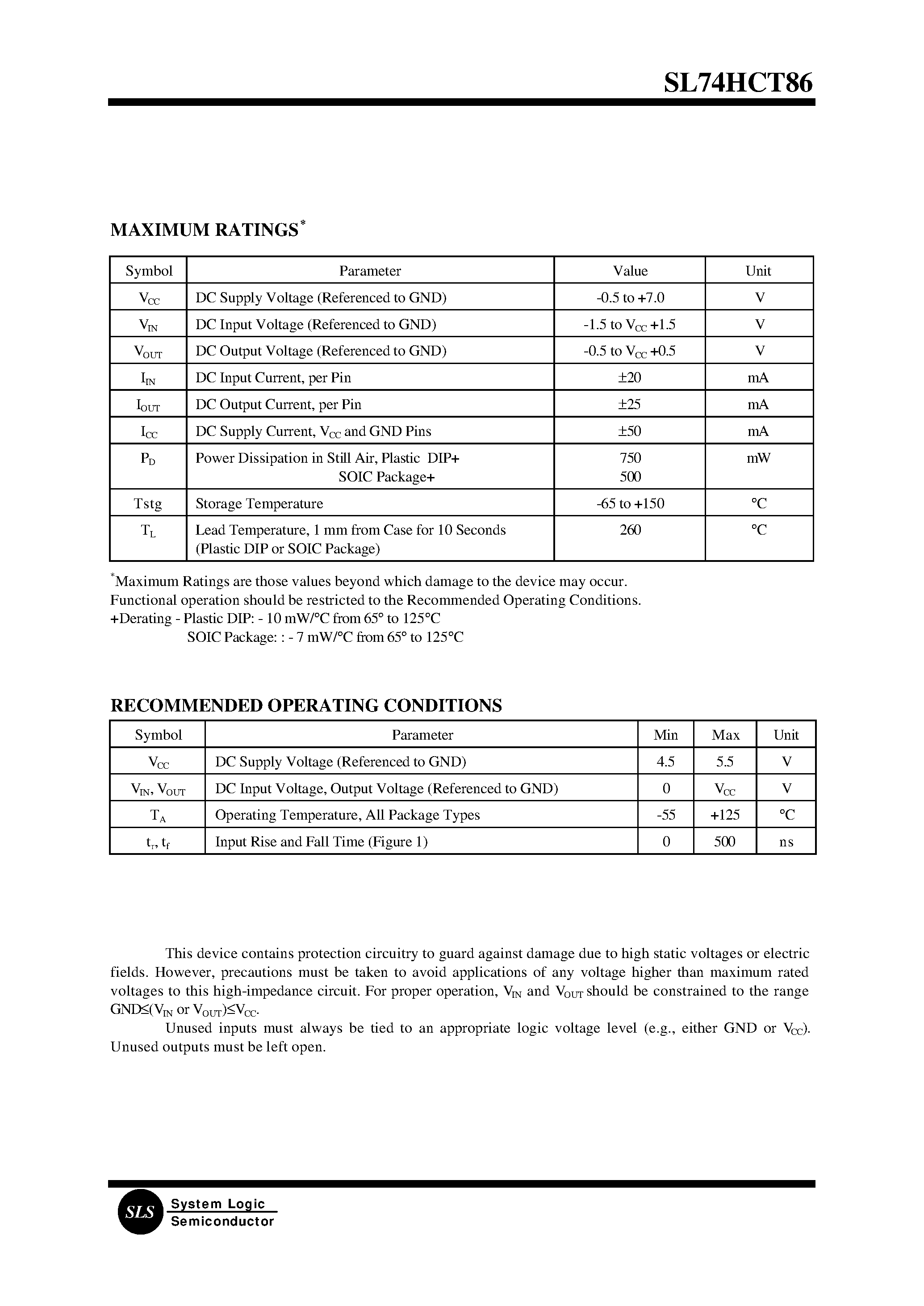 Datasheet SL74HCT86N page 2 Datasheet SL74HCT86N - Quad 2-Input Exclusive OR Gate(High-Performance Silicon-Gate CMOS) page 2