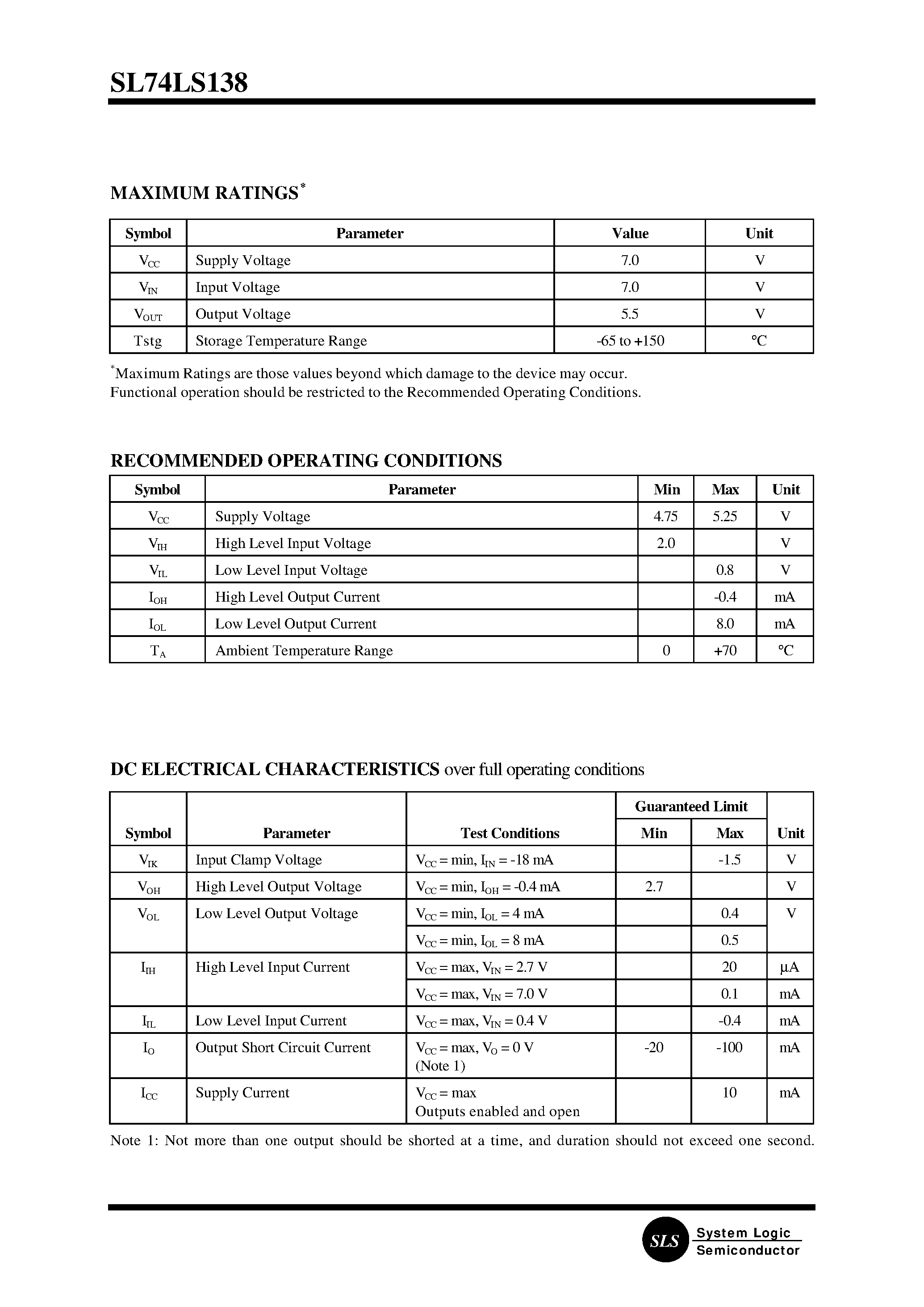 Datasheet SL74LS138N page 2 Datasheet SL74LS138N - 3-to-8-Line Decoder/Demultiplexer page 2