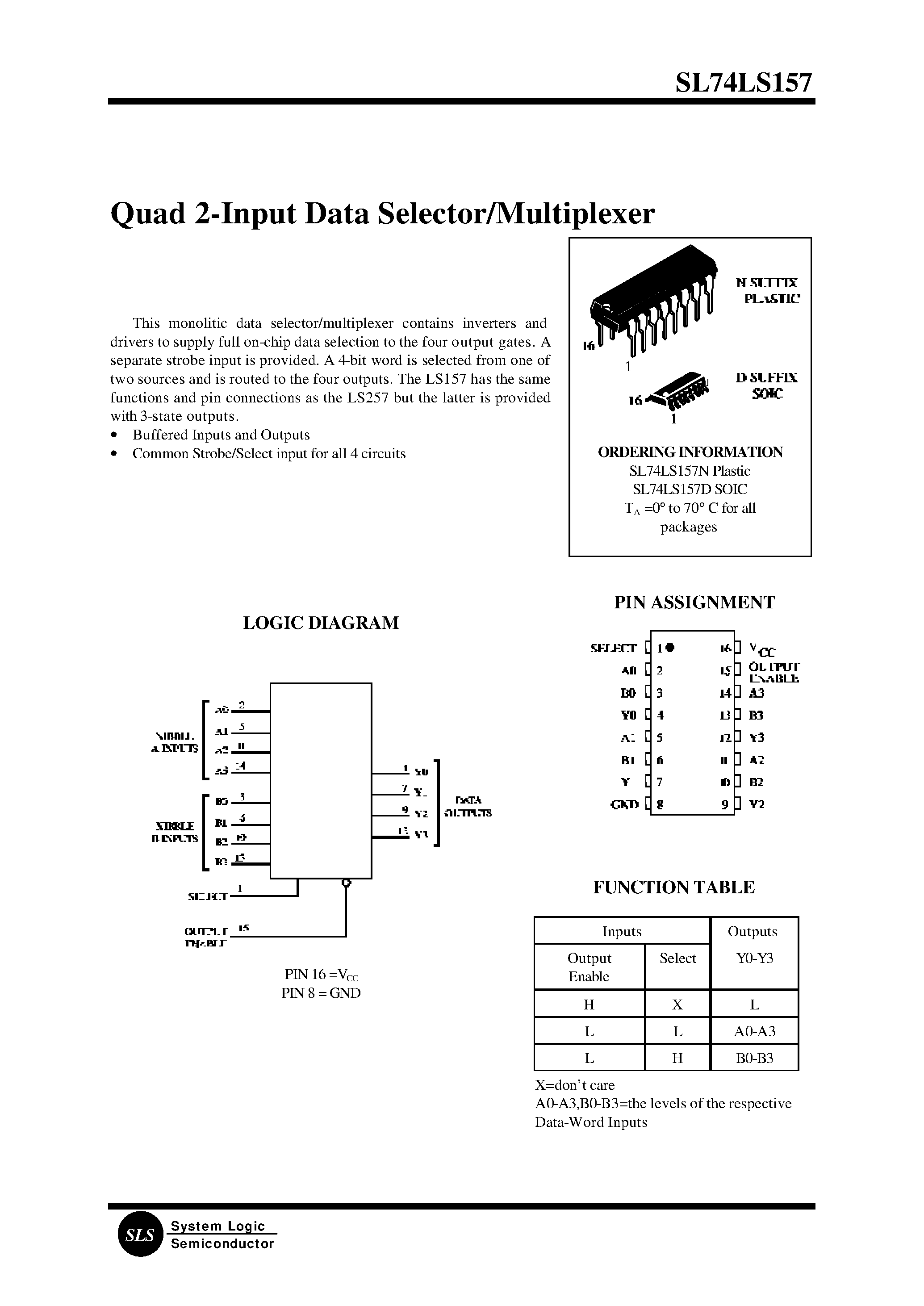 Datasheet SL74LS157 page 1 Datasheet SL74LS157 - Quad 2-Input Data Selector/Multiplexer page 1