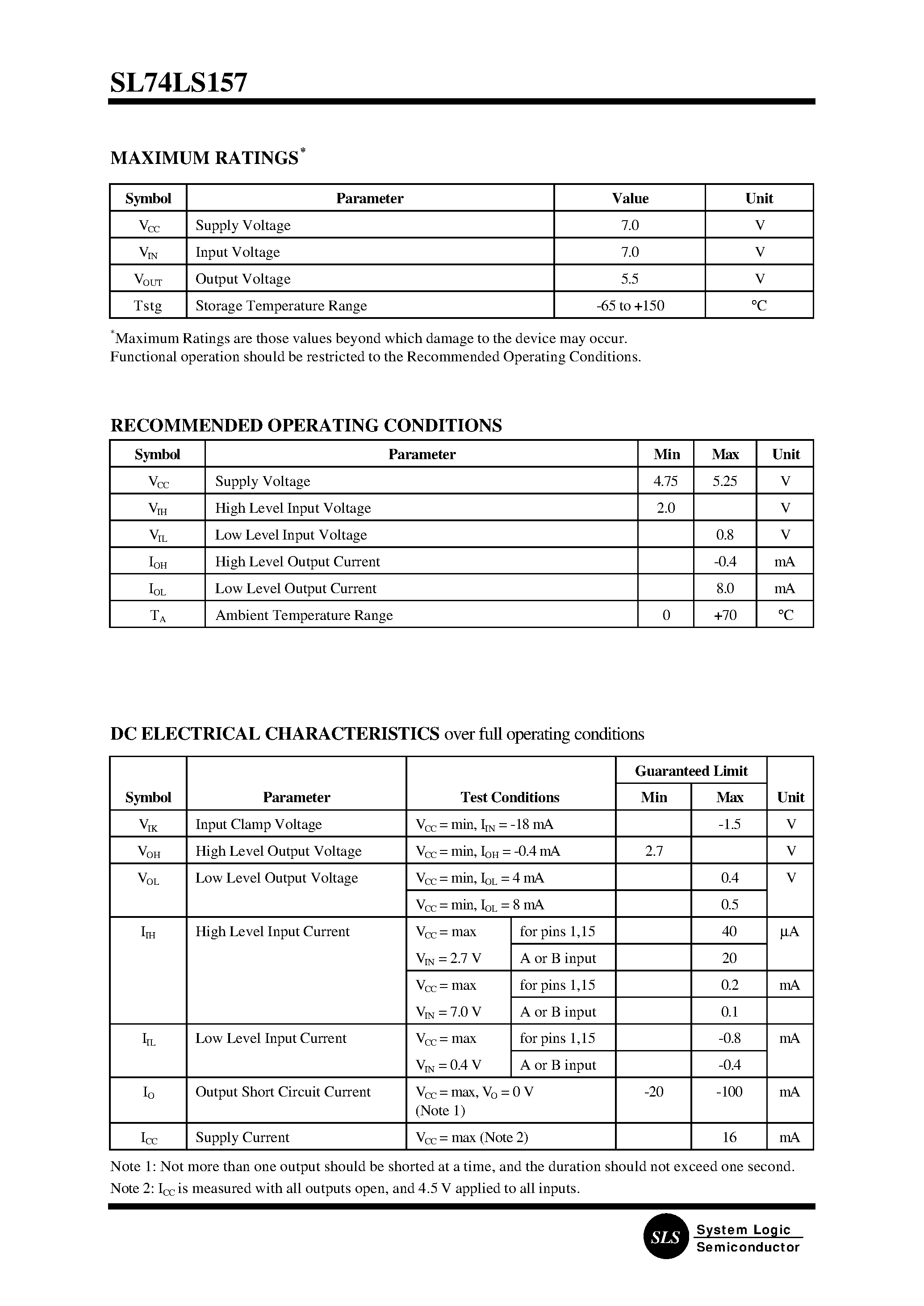 Datasheet SL74LS157N page 2 Datasheet SL74LS157N - Quad 2-Input Data Selector/Multiplexer page 2