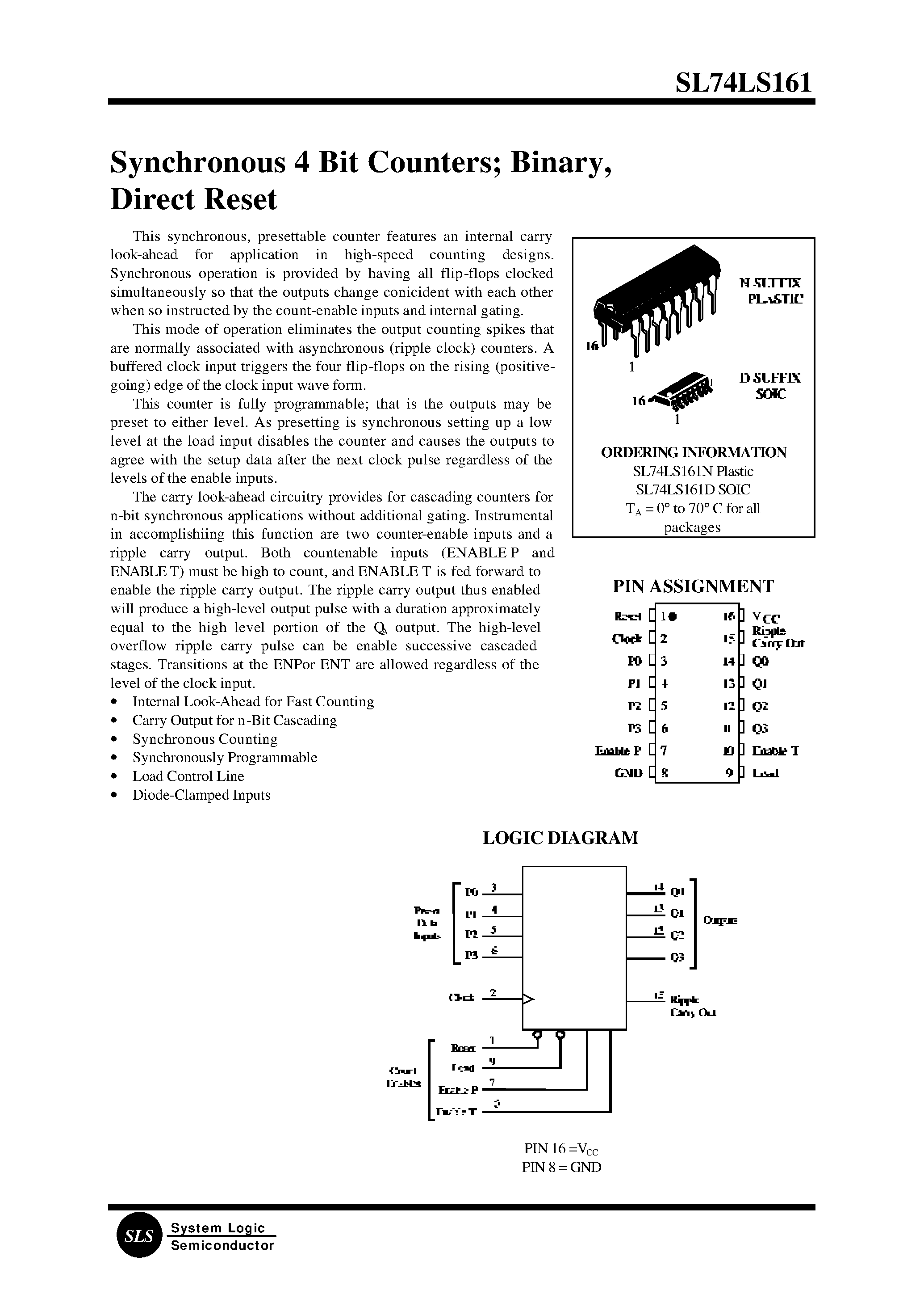 Даташит SL74LS161 - Synchronous 4 Bit Counters; Binary/ Direct Reset страница 1
