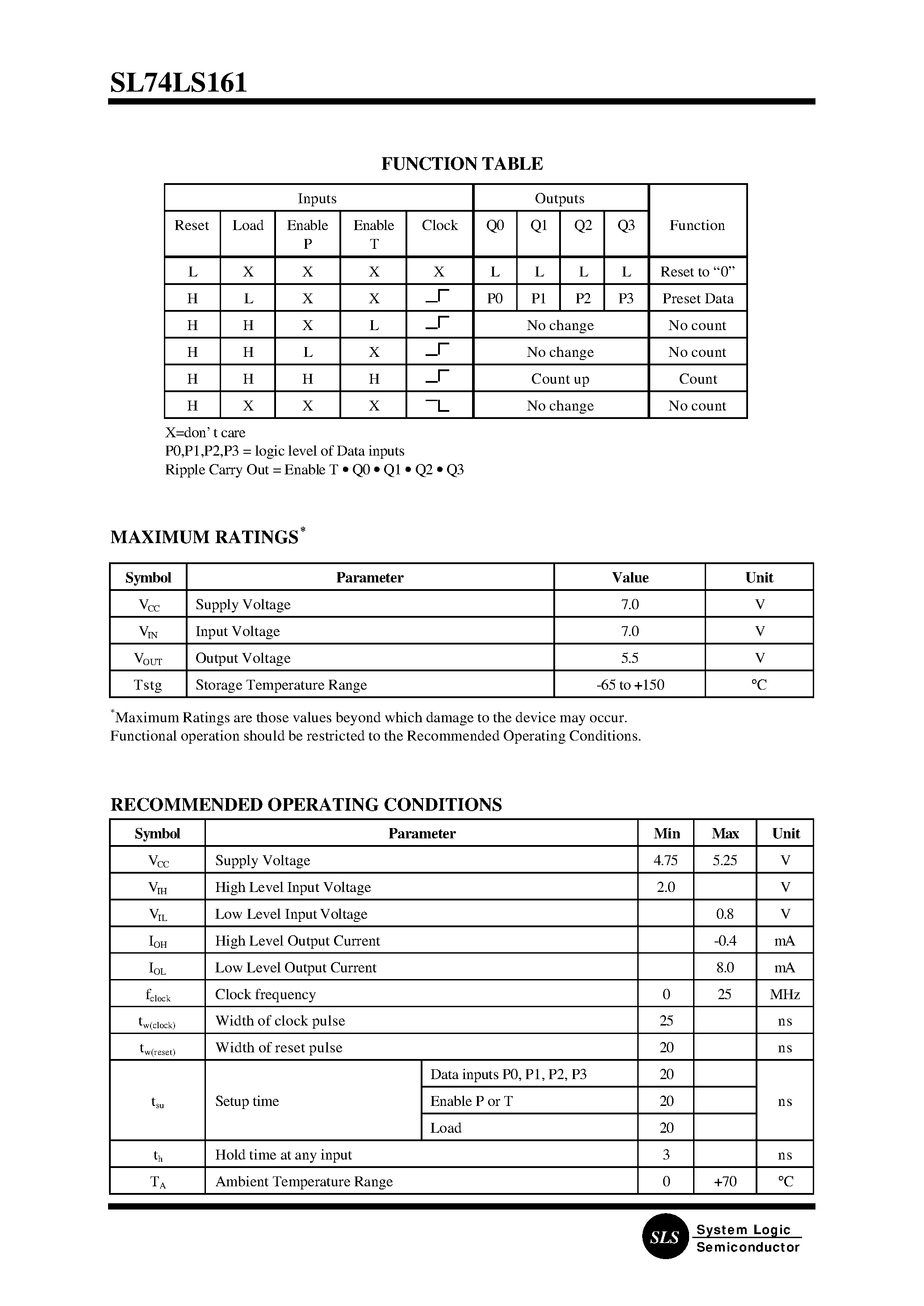 Datasheet SL74LS161N - Synchronous 4 Bit Counters; Binary/ Direct Reset page 2