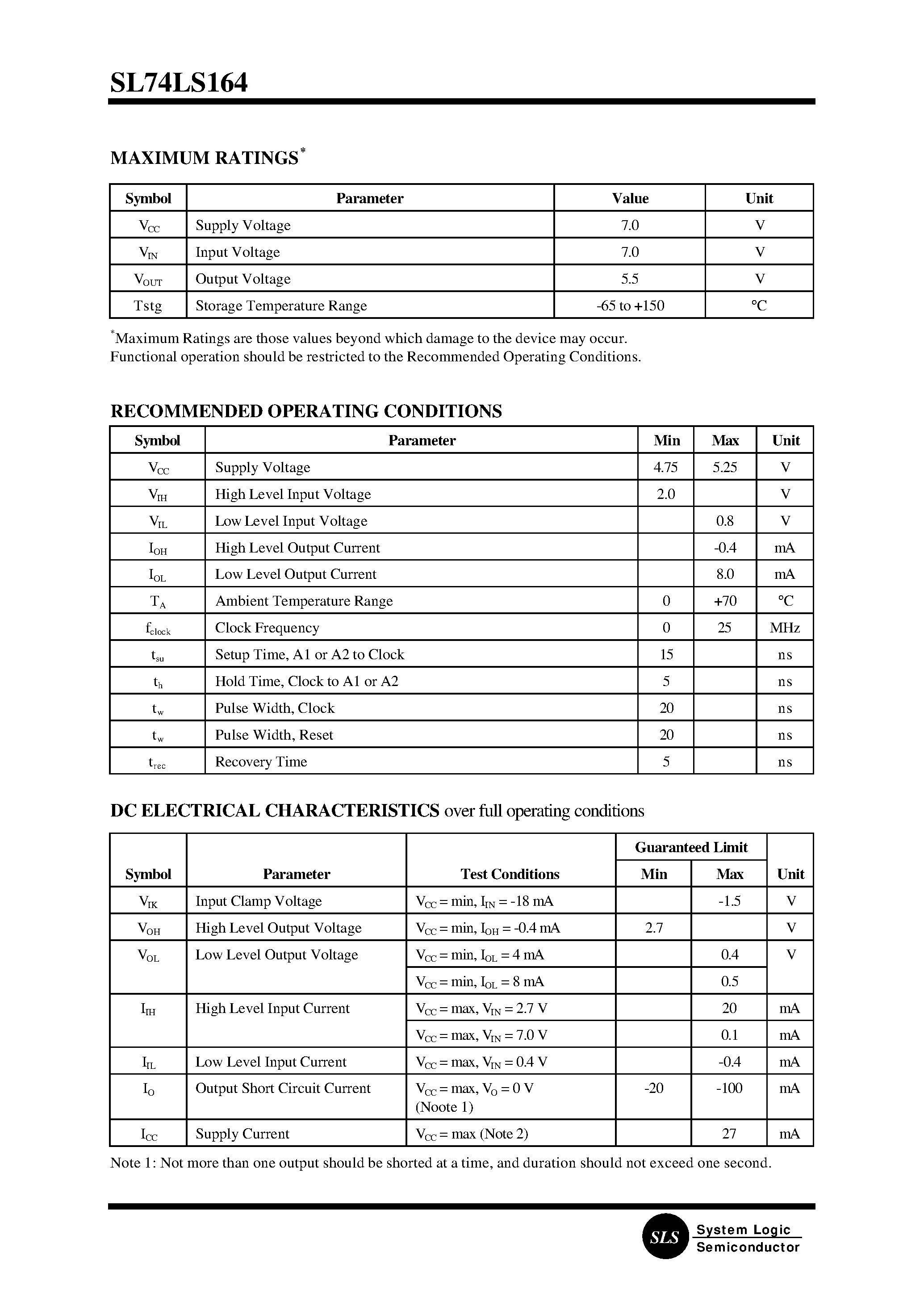 Даташит на микросхему SL74LS164N страница 2 Даташит SL74LS164N - 8-Bit Serial-Input/Parallel-Output Shift Register страница 2