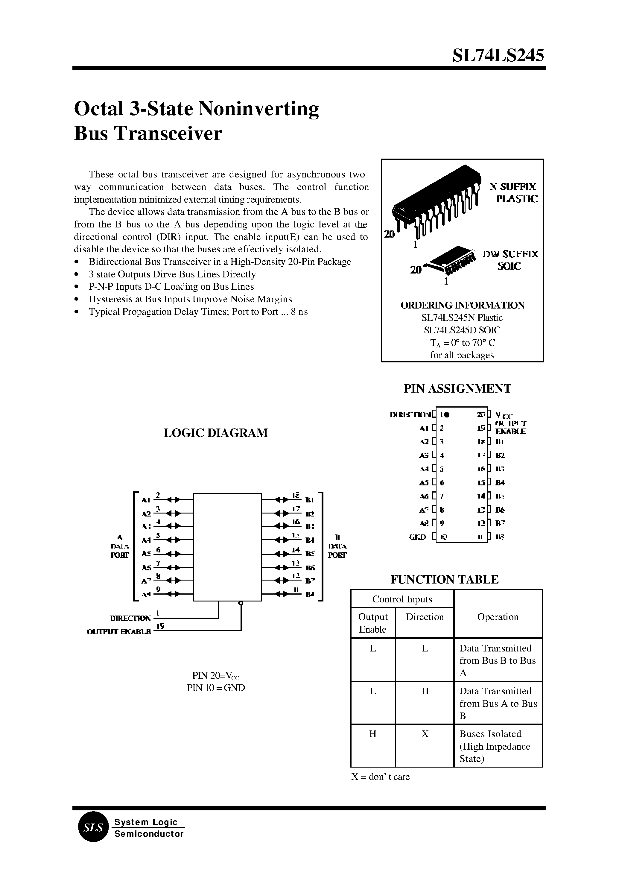Datasheet SL74LS245N - Octal 3-State Noninverting Bus Transceiver page 1