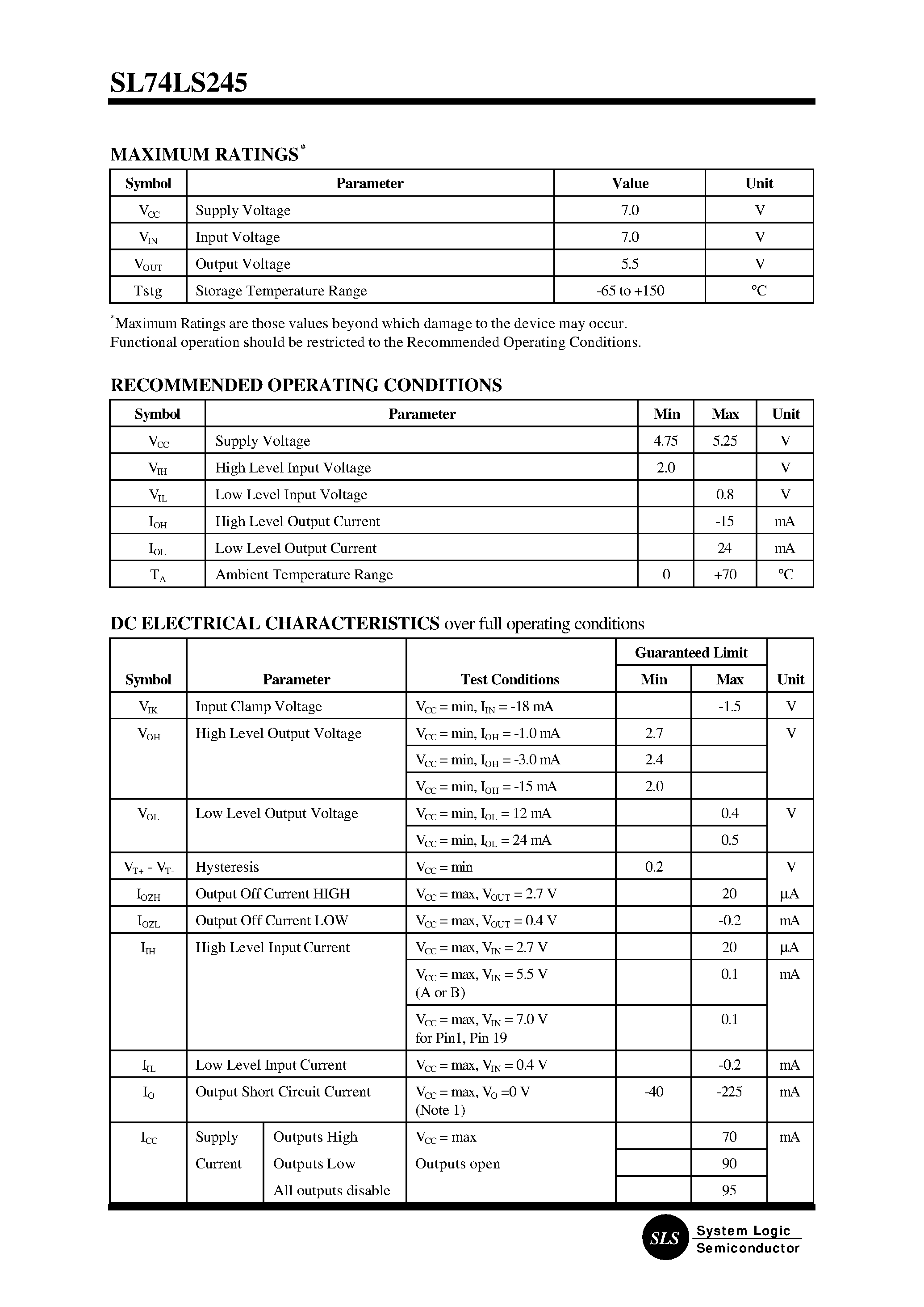 Datasheet SL74LS245N - Octal 3-State Noninverting Bus Transceiver page 2