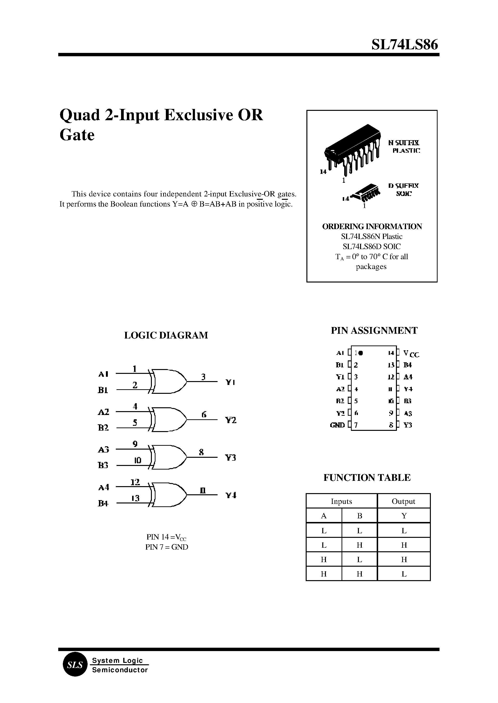 Datasheet SL74LS86D page 1 Datasheet SL74LS86D - Quad 2-Input Exclusive OR Gate page 1