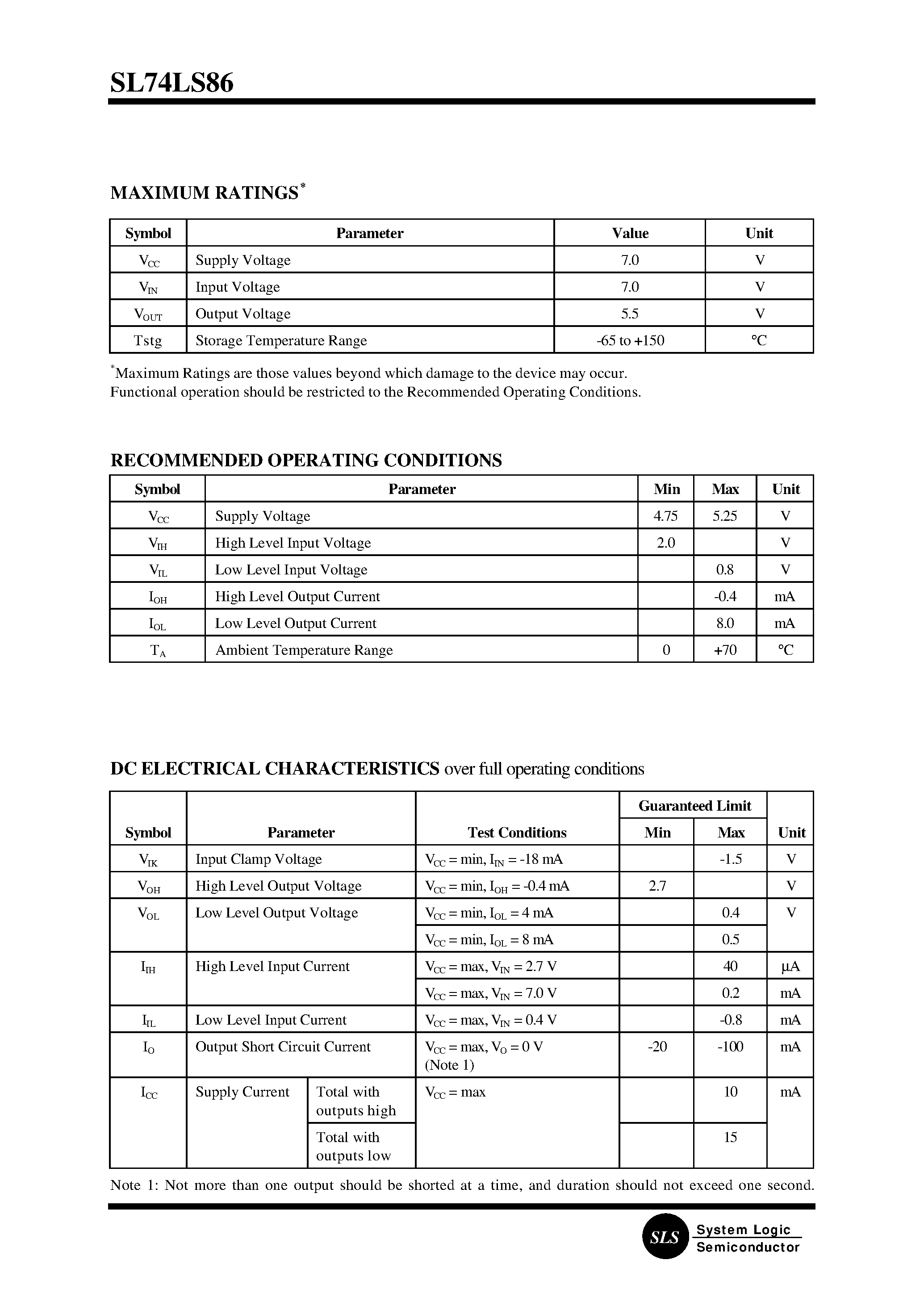 Datasheet SL74LS86N page 2 Datasheet SL74LS86N - Quad 2-Input Exclusive OR Gate page 2