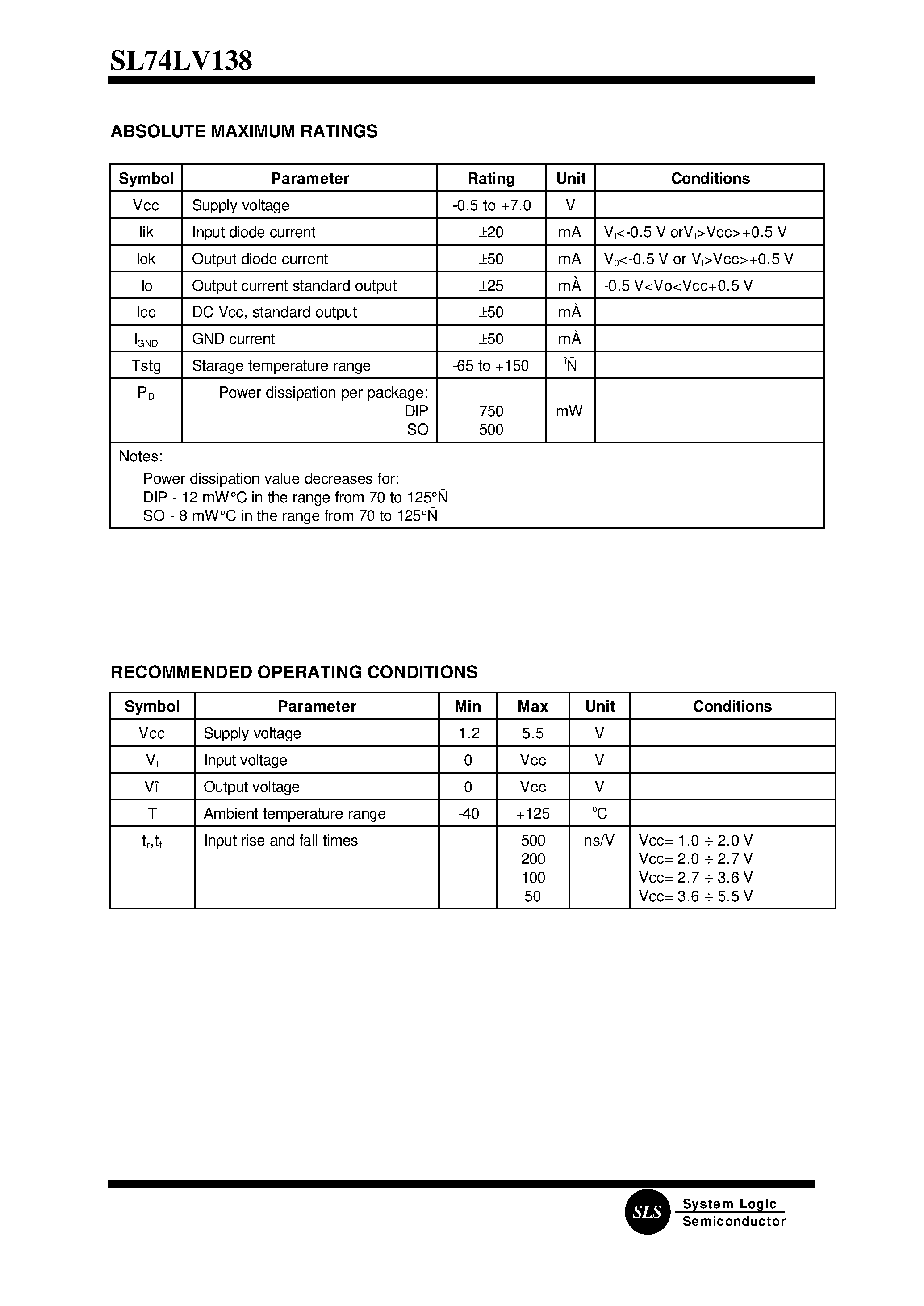 Datasheet SL74LV138 - 3-TO-8 DECODER/DEMULTIPLEXER page 2