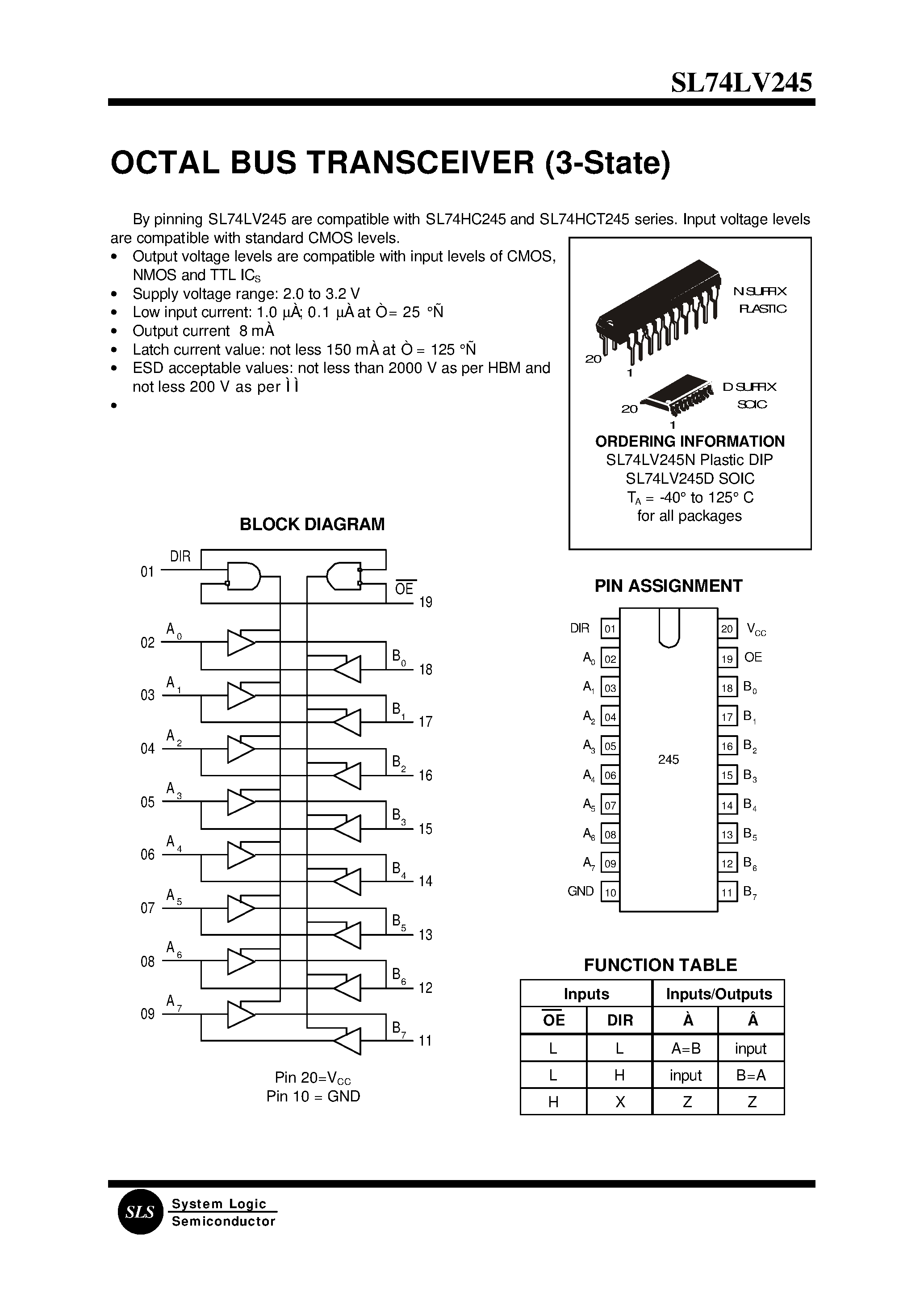 Datasheet SL74LV245N - OCTAL BUS TRANSCEIVER (3-State) page 1