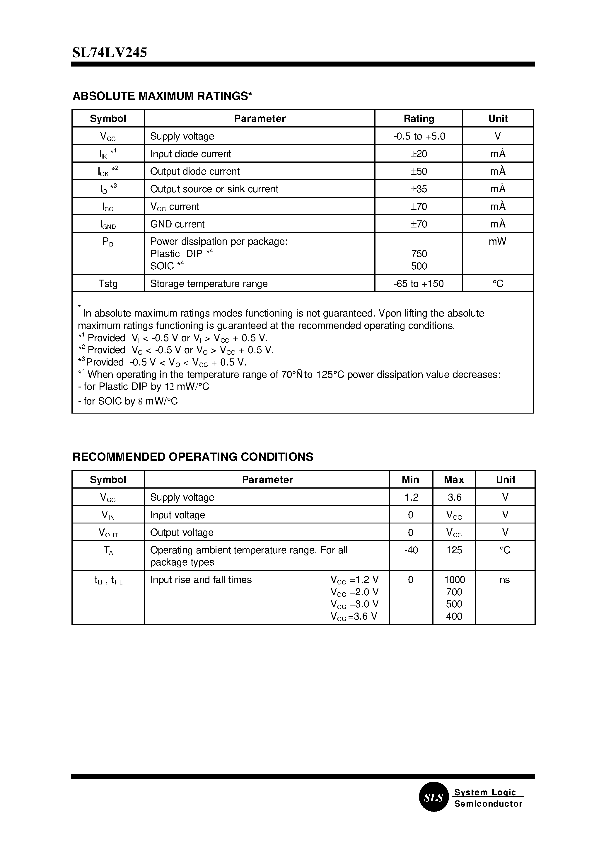 Datasheet SL74LV245N - OCTAL BUS TRANSCEIVER (3-State) page 2