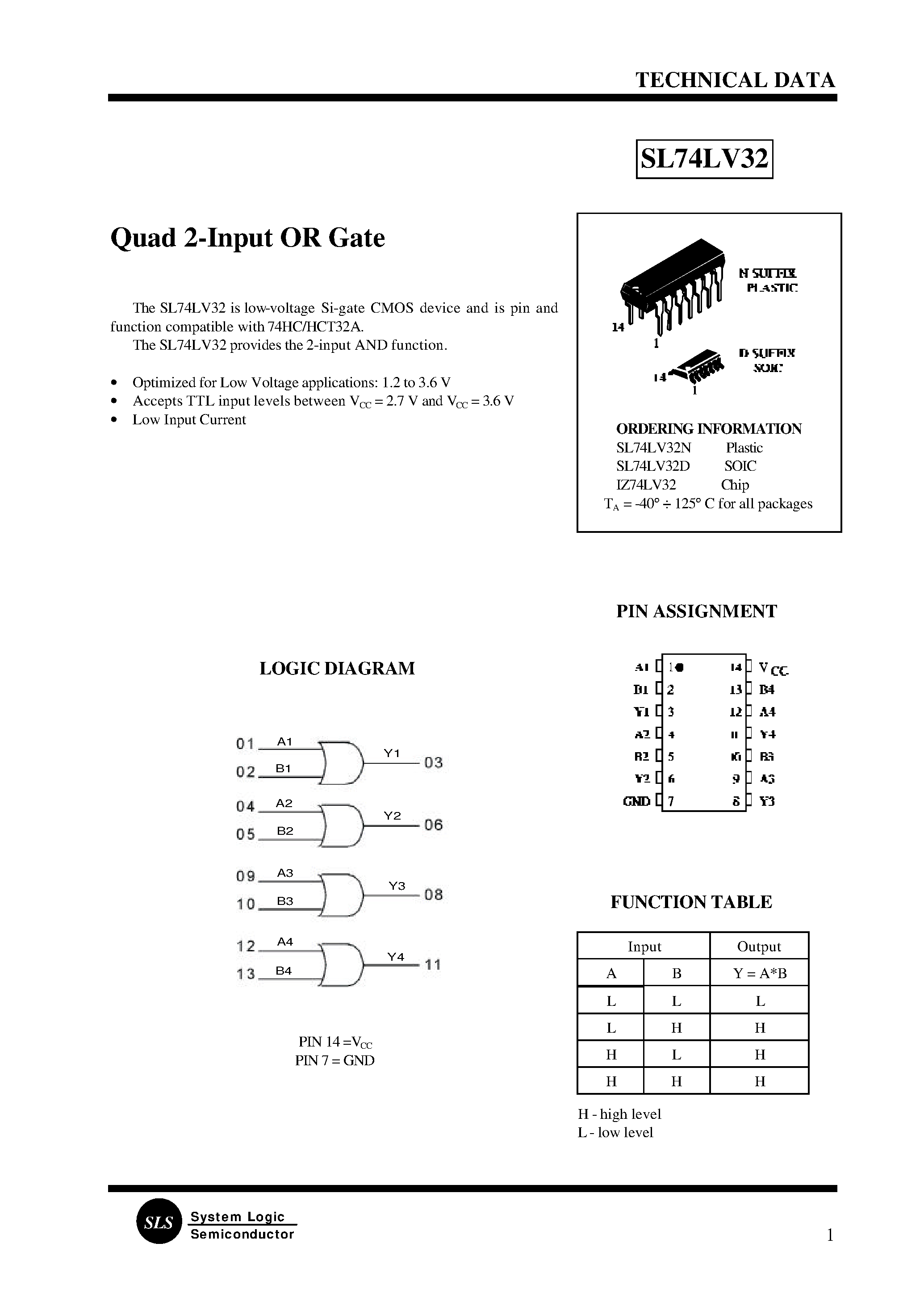 Datasheet SL74LV32 - Quad 2-Input OR Gate page 1