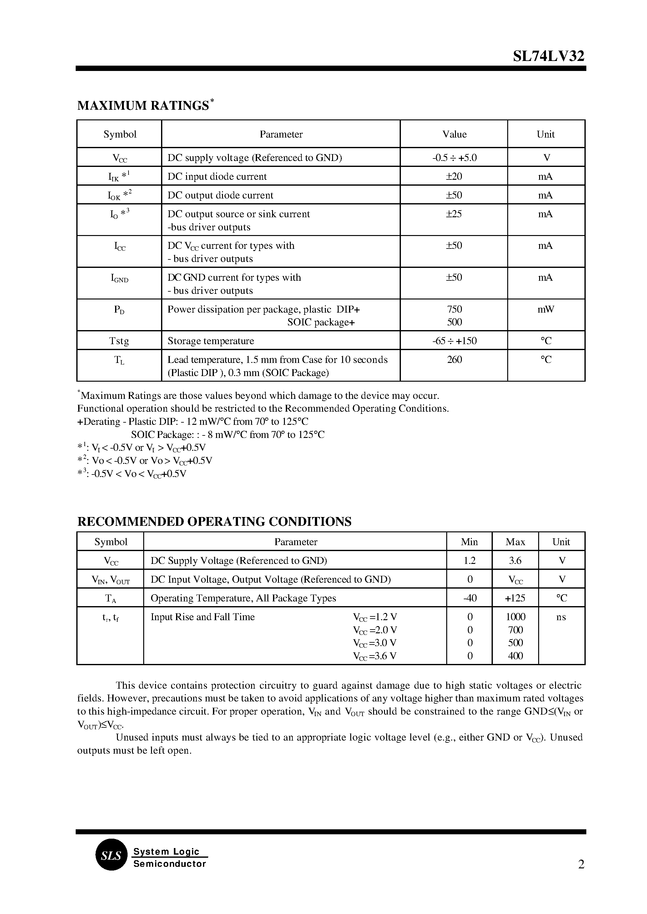 Datasheet SL74LV32D page 2 Datasheet SL74LV32D - Quad 2-Input OR Gate page 2