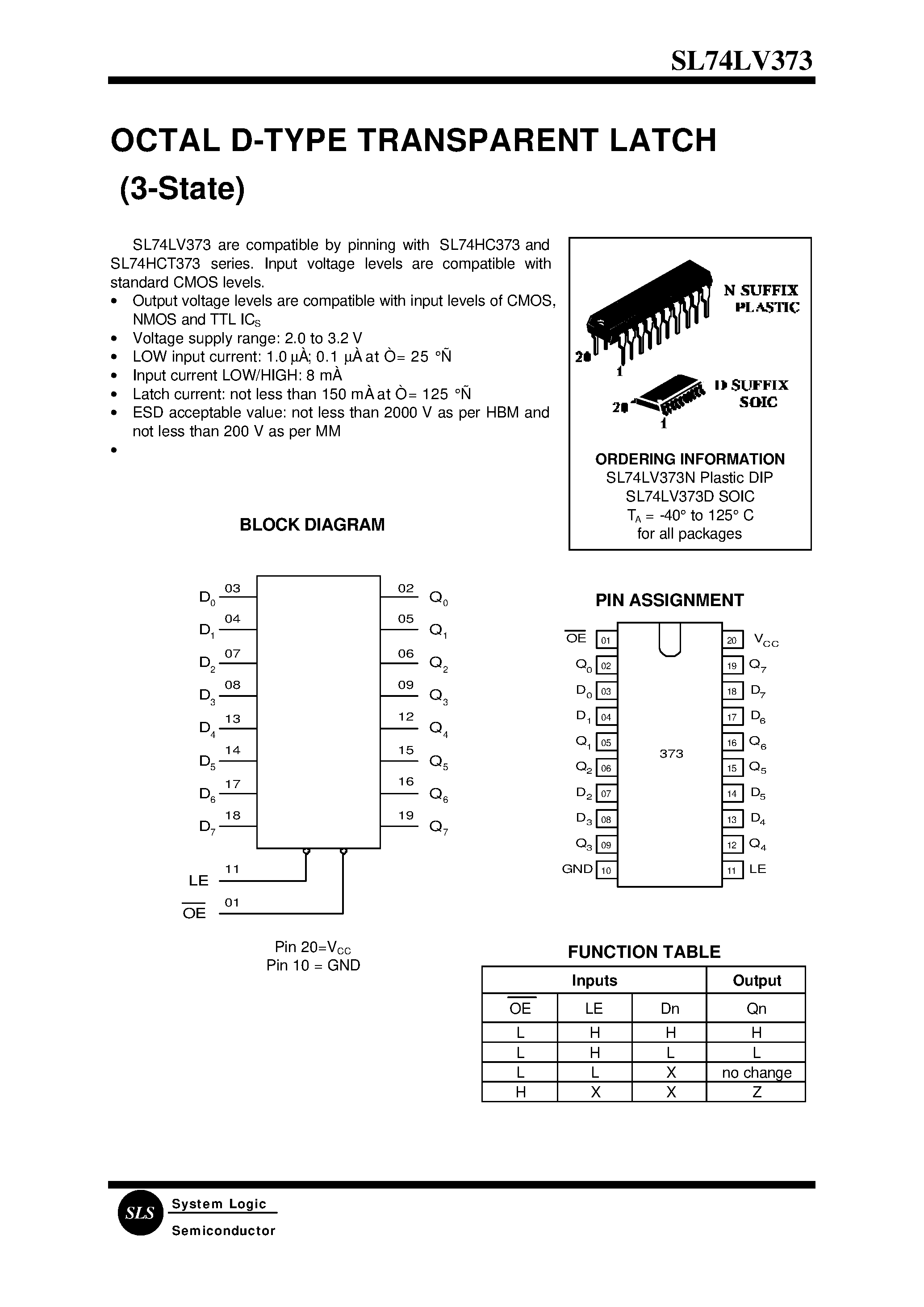 Datasheet SL74LV373D - OCTAL D-TYPE TRANSPARENT LATCH(3-State) page 1