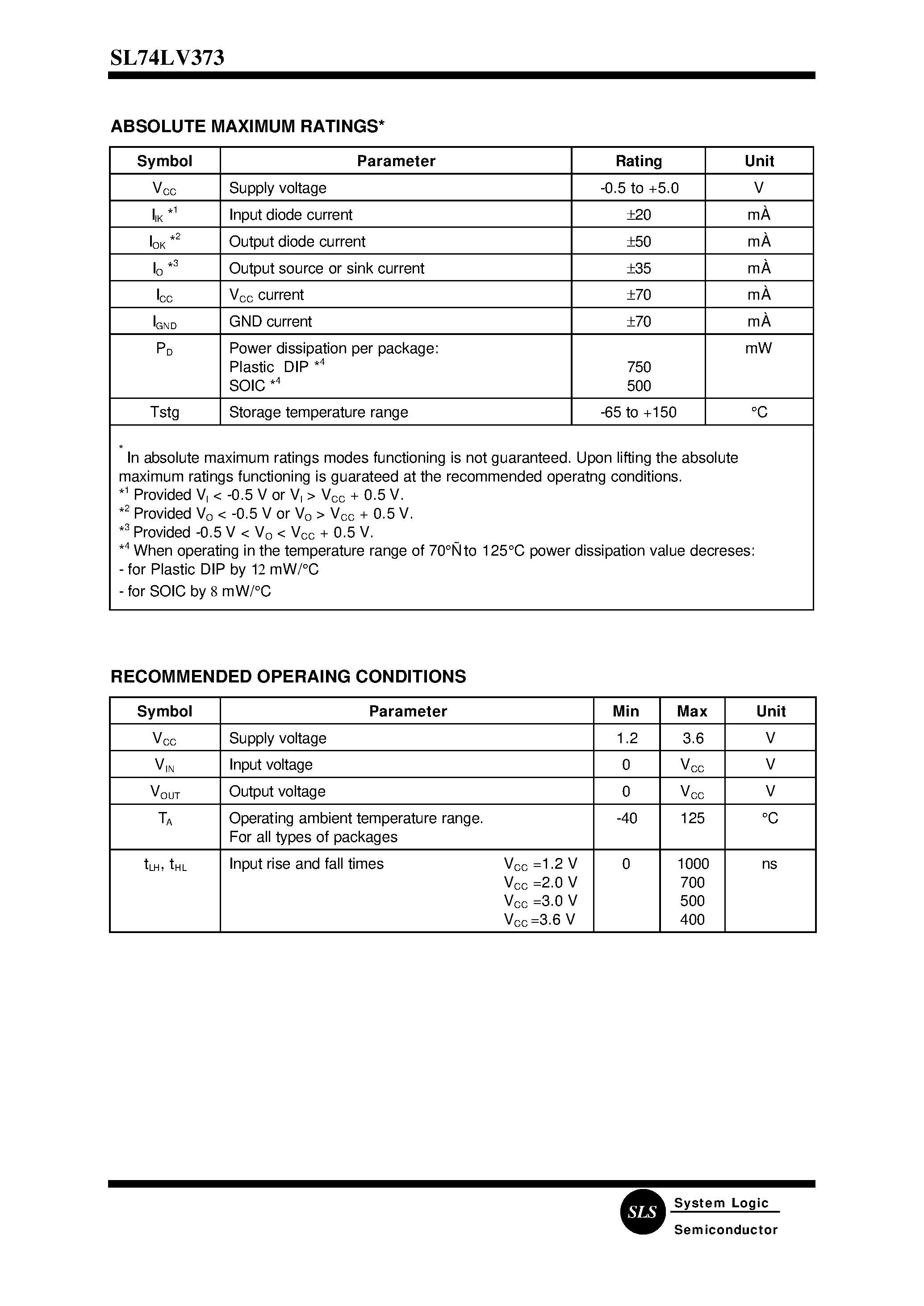 Datasheet SL74LV373D - OCTAL D-TYPE TRANSPARENT LATCH(3-State) page 2