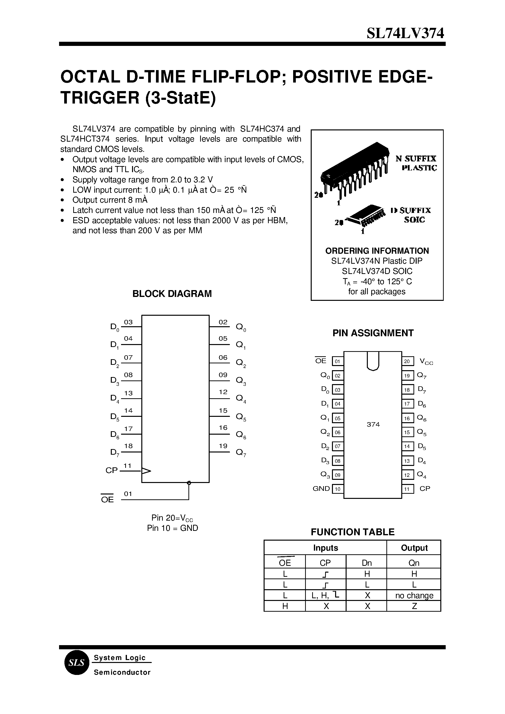 Datasheet SL74LV374N - OCTAL D-TIME FLIP-FLOP; POSITIVE EDGETRIGGER (3-StatE) page 1