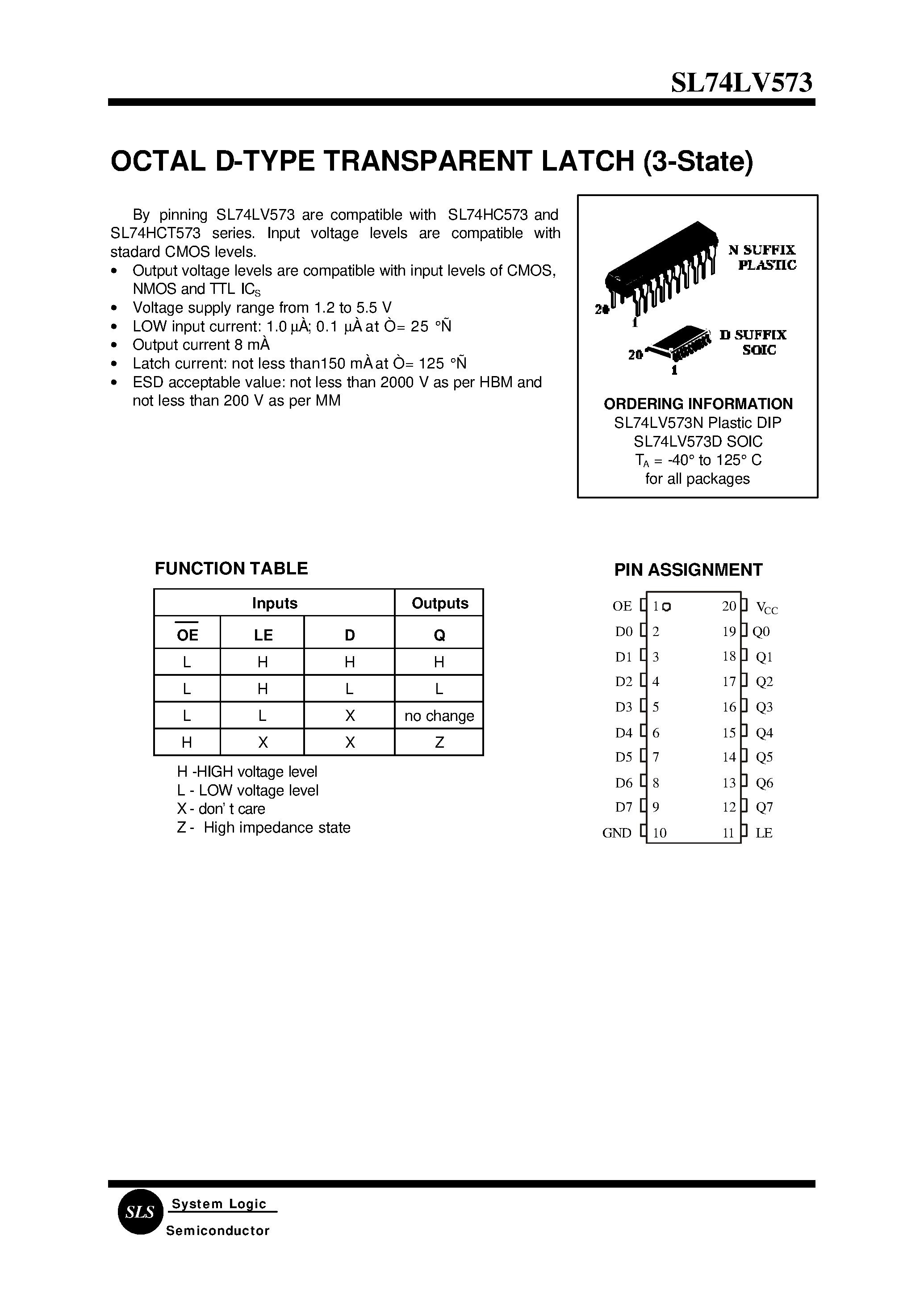 Даташит SL74LV573 - OCTAL D-TYPE TRANSPARENT LATCH (3-State) страница 1