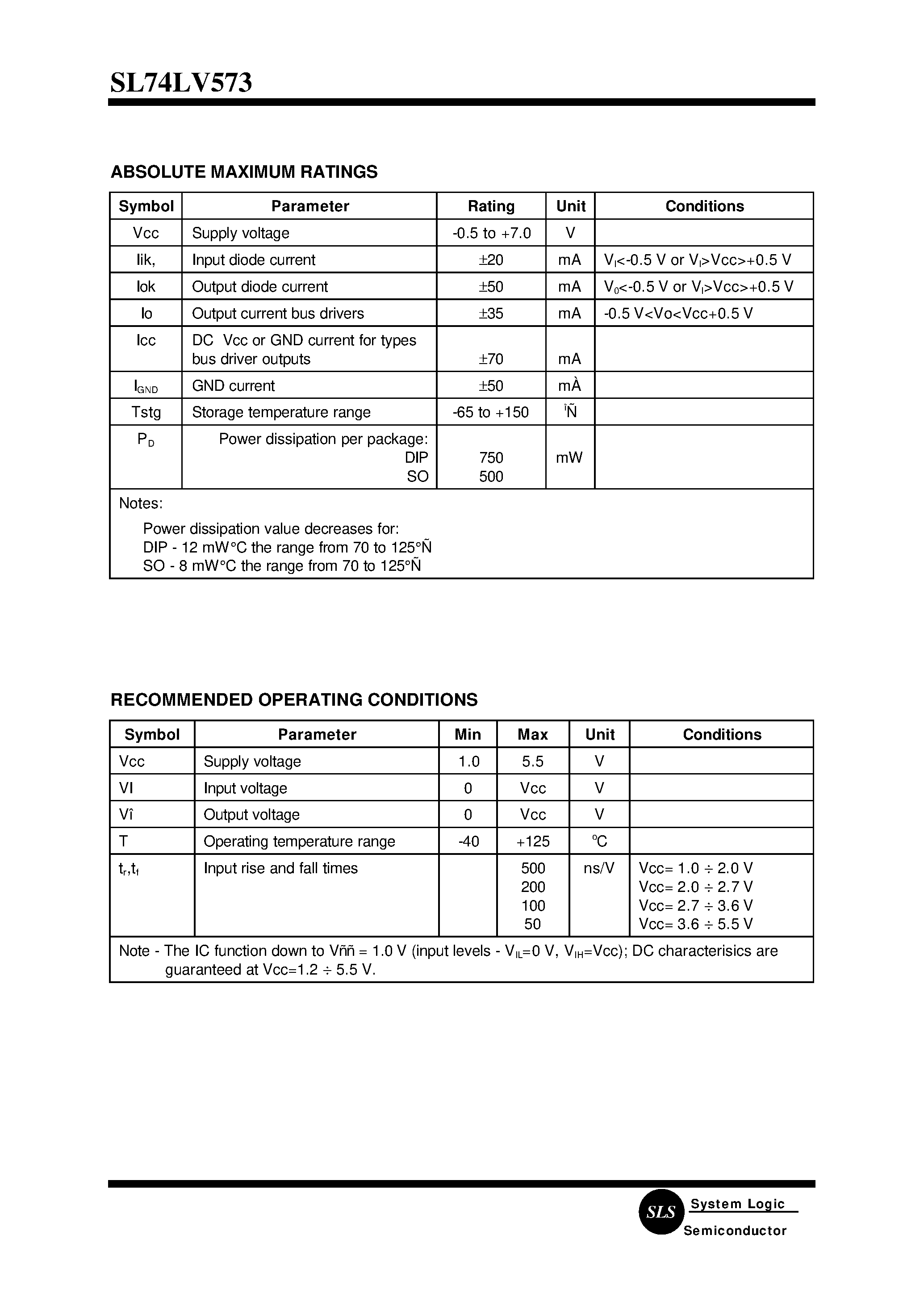Даташит SL74LV573 - OCTAL D-TYPE TRANSPARENT LATCH (3-State) страница 2