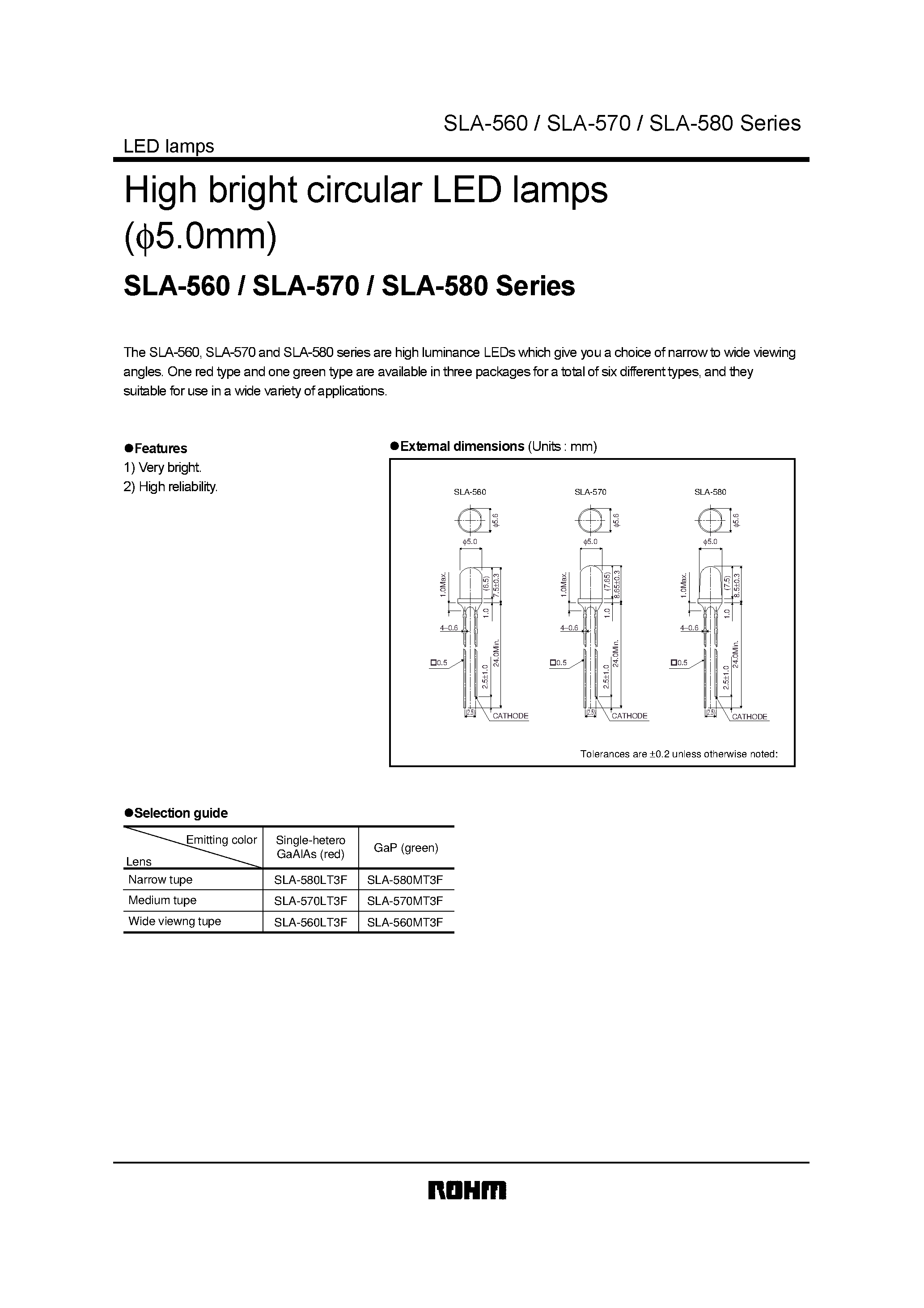 Datasheet SLA-570LT3F page 1 Datasheet SLA-570LT3F - High bright circular LED lamps (5.0mm) page 1