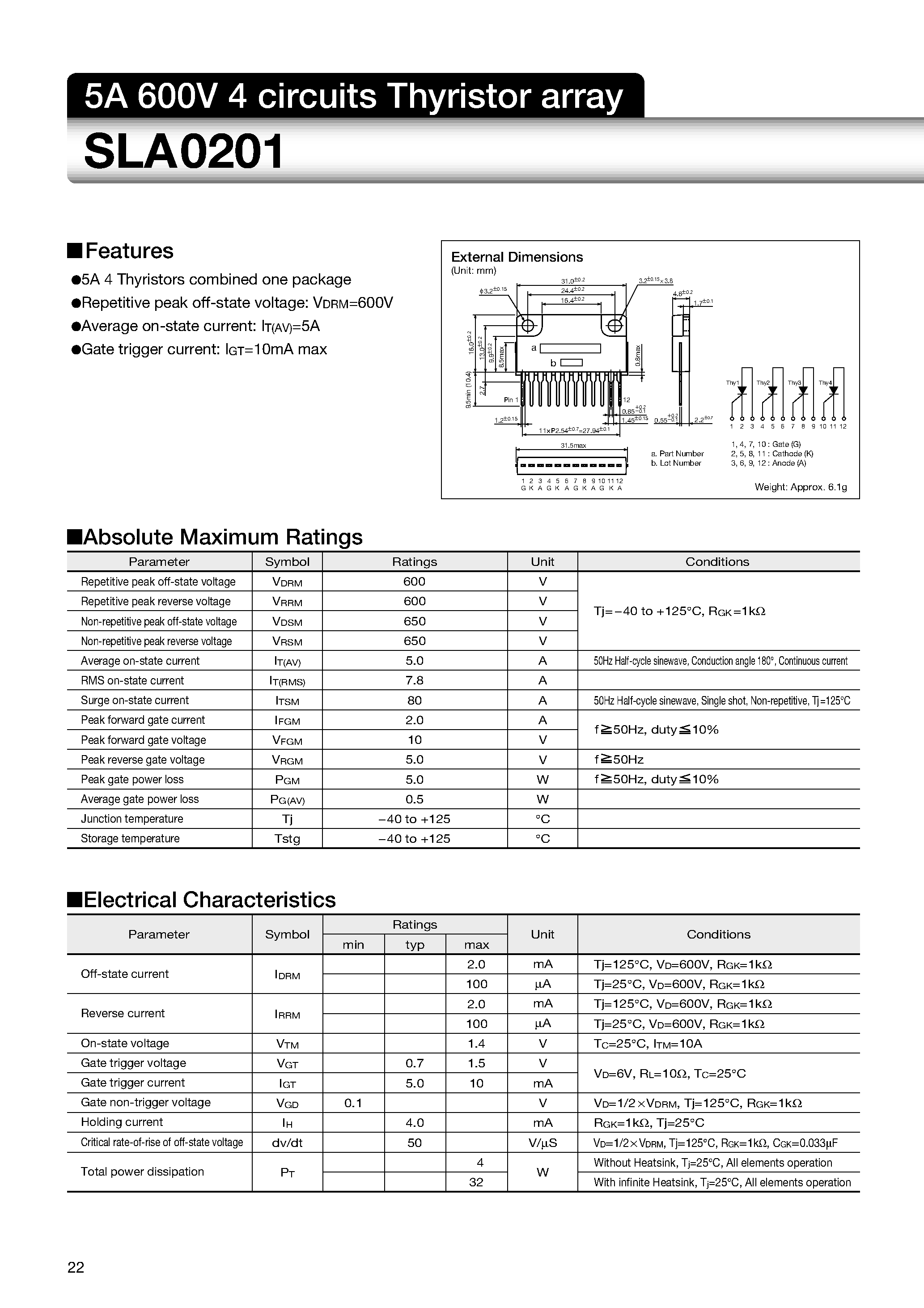 Datasheet SLA0201 - 5A 600V 4 circuits Thyristor array page 1