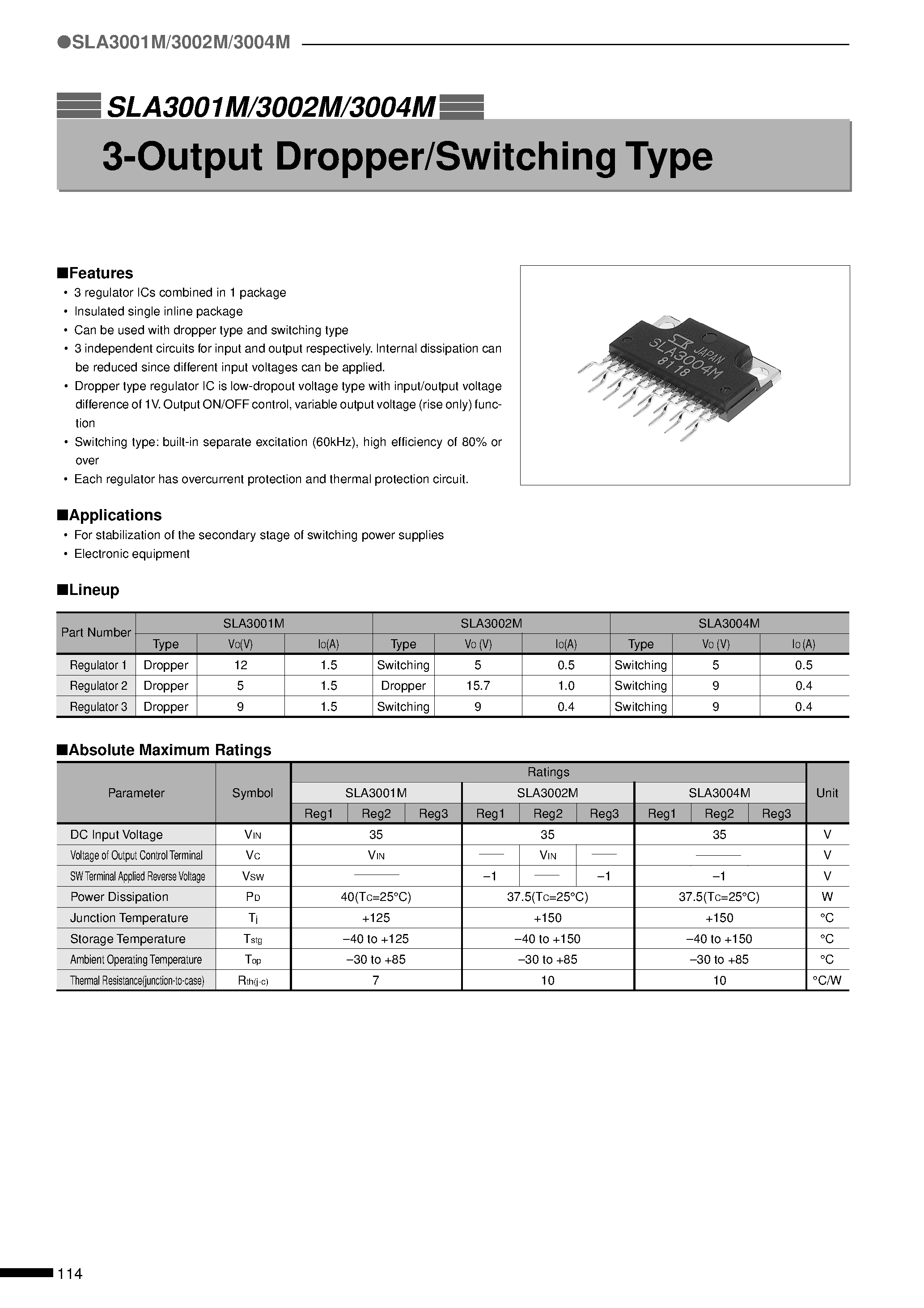 Datasheet SLA3004M page 1 Datasheet SLA3004M - 3-Output Dropper/Switching Type page 1