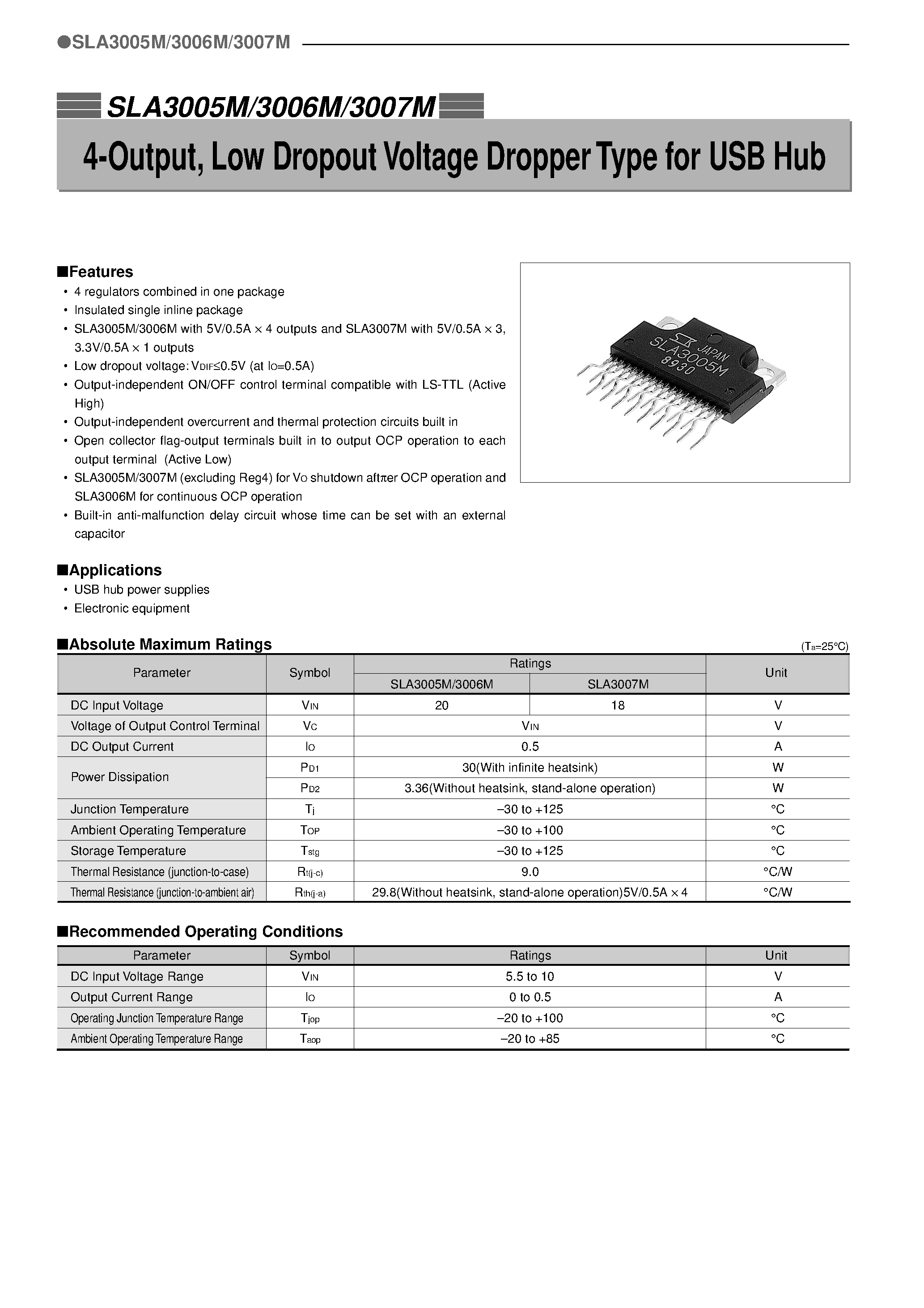 Datasheet SLA3007M - 4-Output/ Low Dropout Voltage Dropper Type for USB Hub page 1