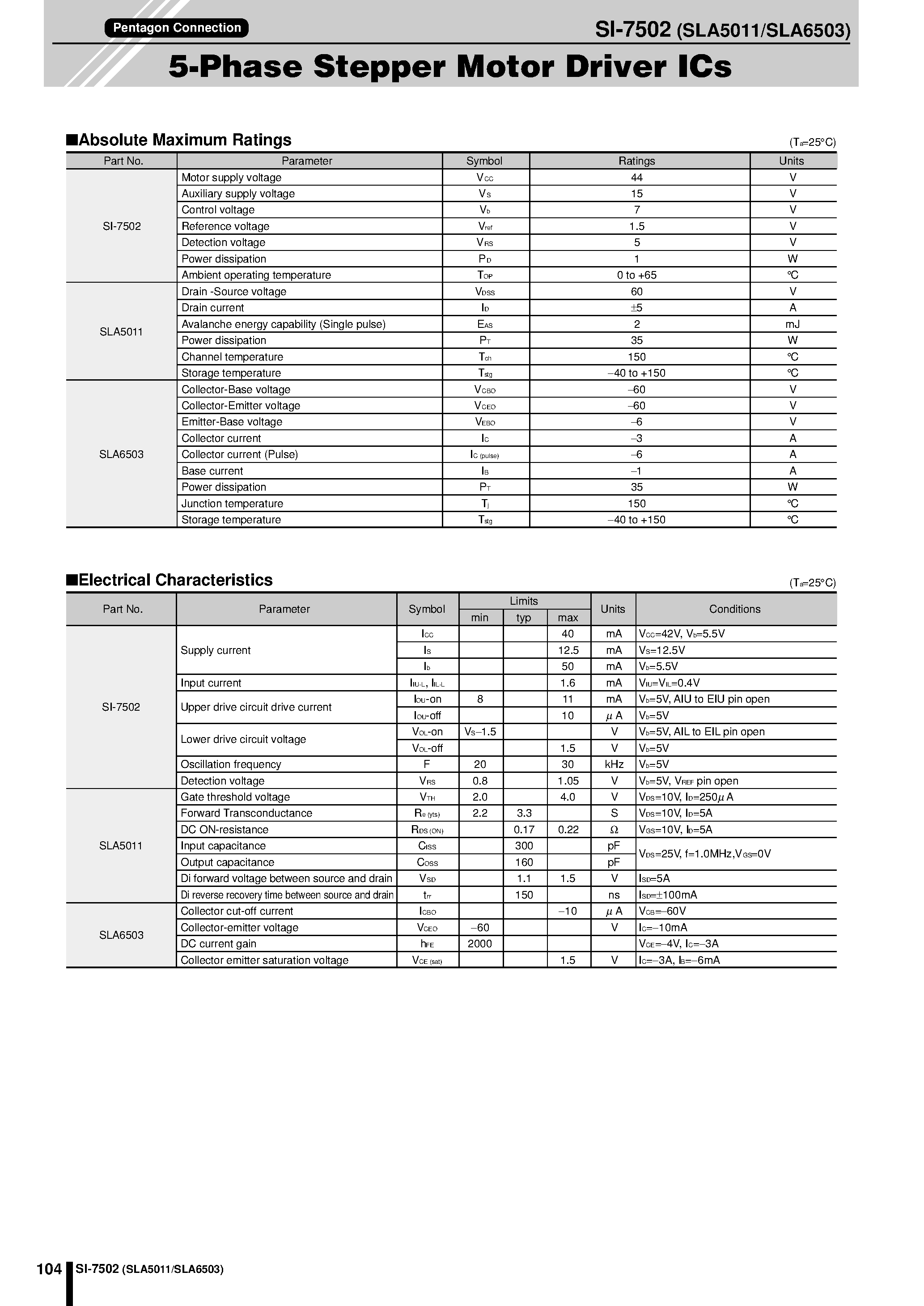 Даташит SLA6503 - 5-Phase Stepper Motor Driver ICs страница 1