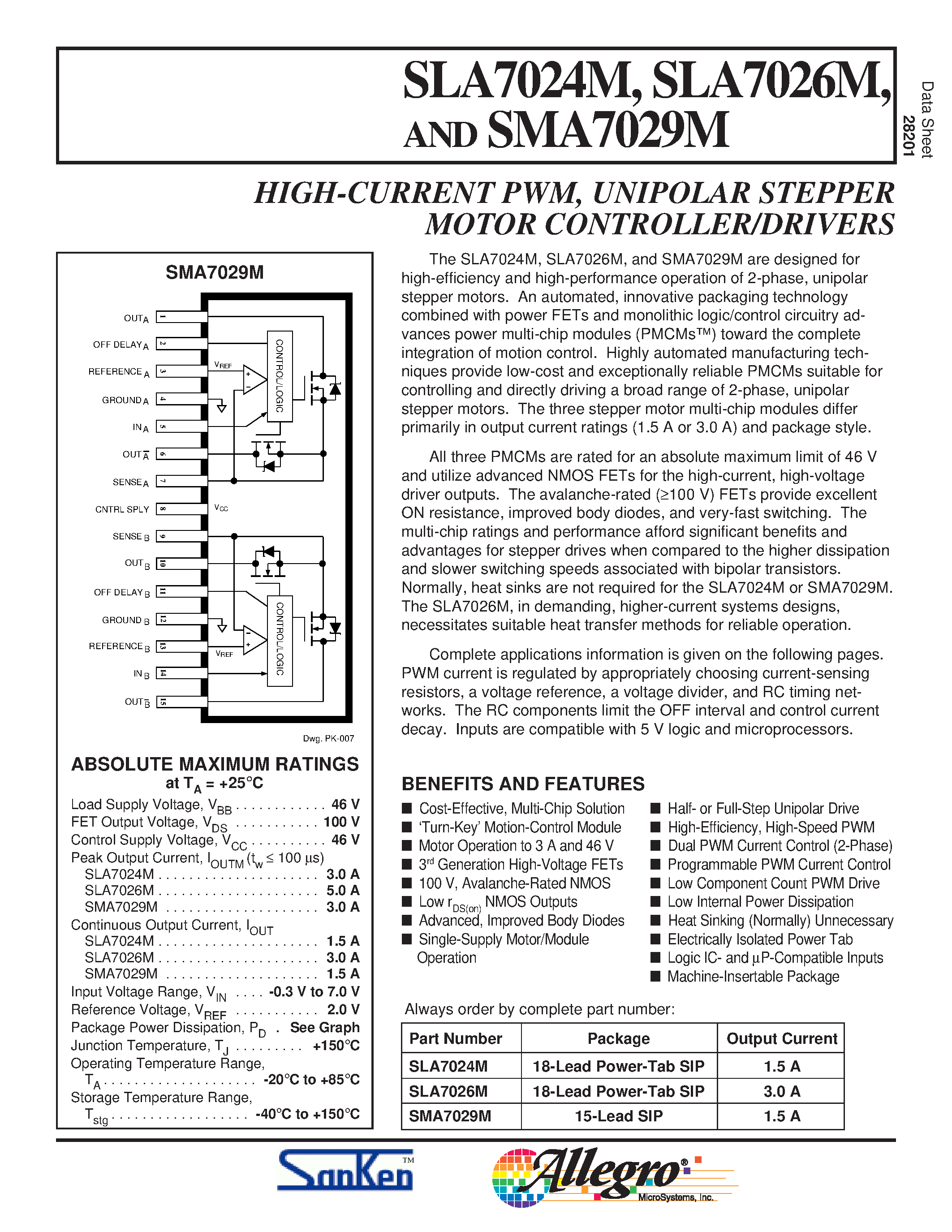 Даташит SLA7024M - HIGH-CURRENT PWM/ UNIPOLAR STEPPER MOTOR CONTROLLER/DRIVERS страница 1