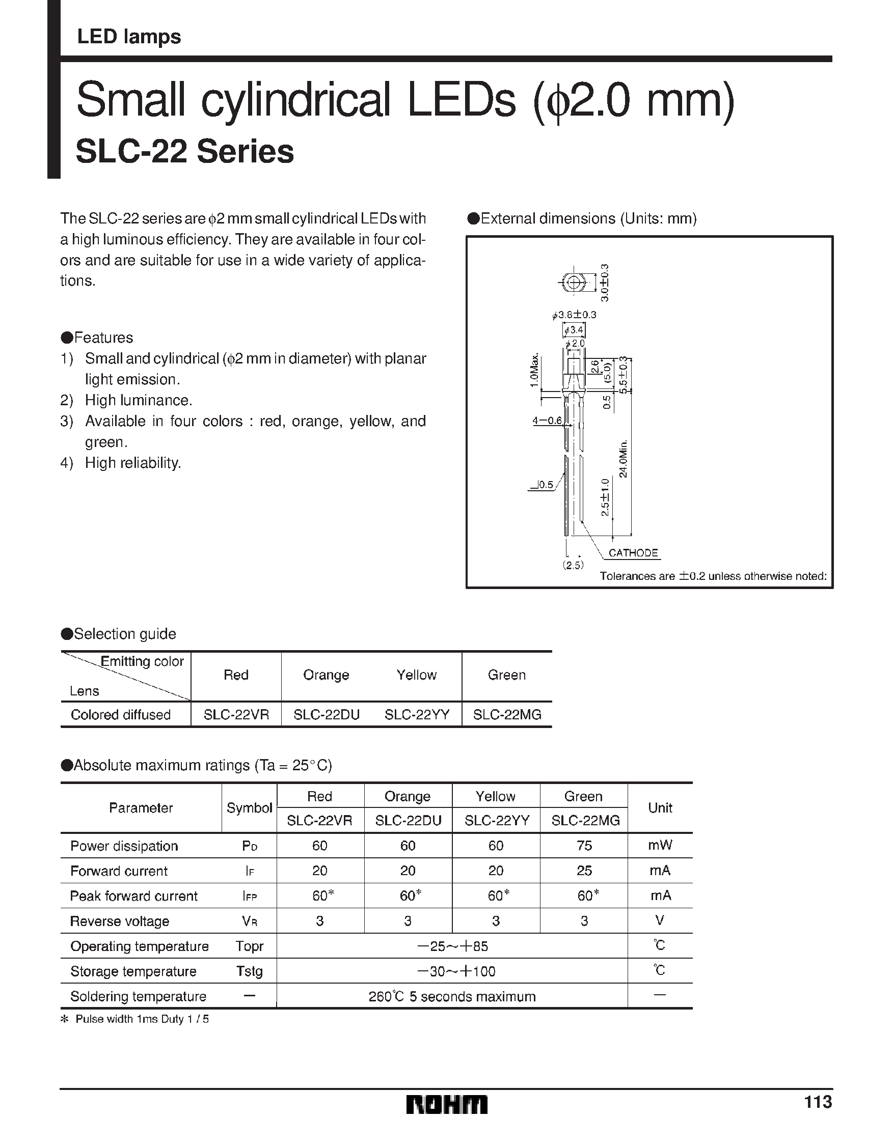 Datasheet SLC-22 - Small cylindrical LEDs (2.0 mm) page 1