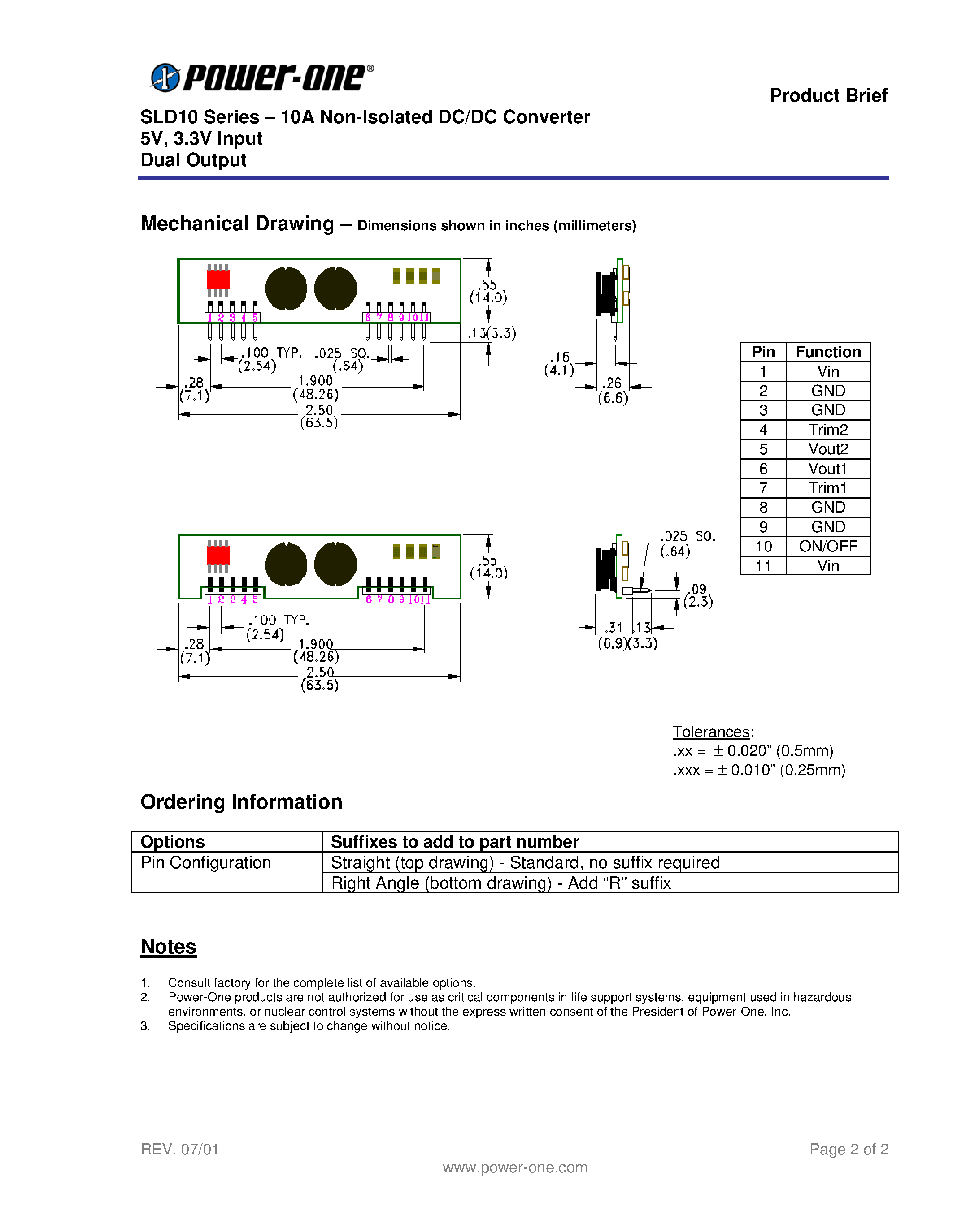 Datasheet SLD10VEE - SLD10 Series . 10A Non-Isolated DC/DC Converter 5V/ 3.3V Input Dual Output page 2