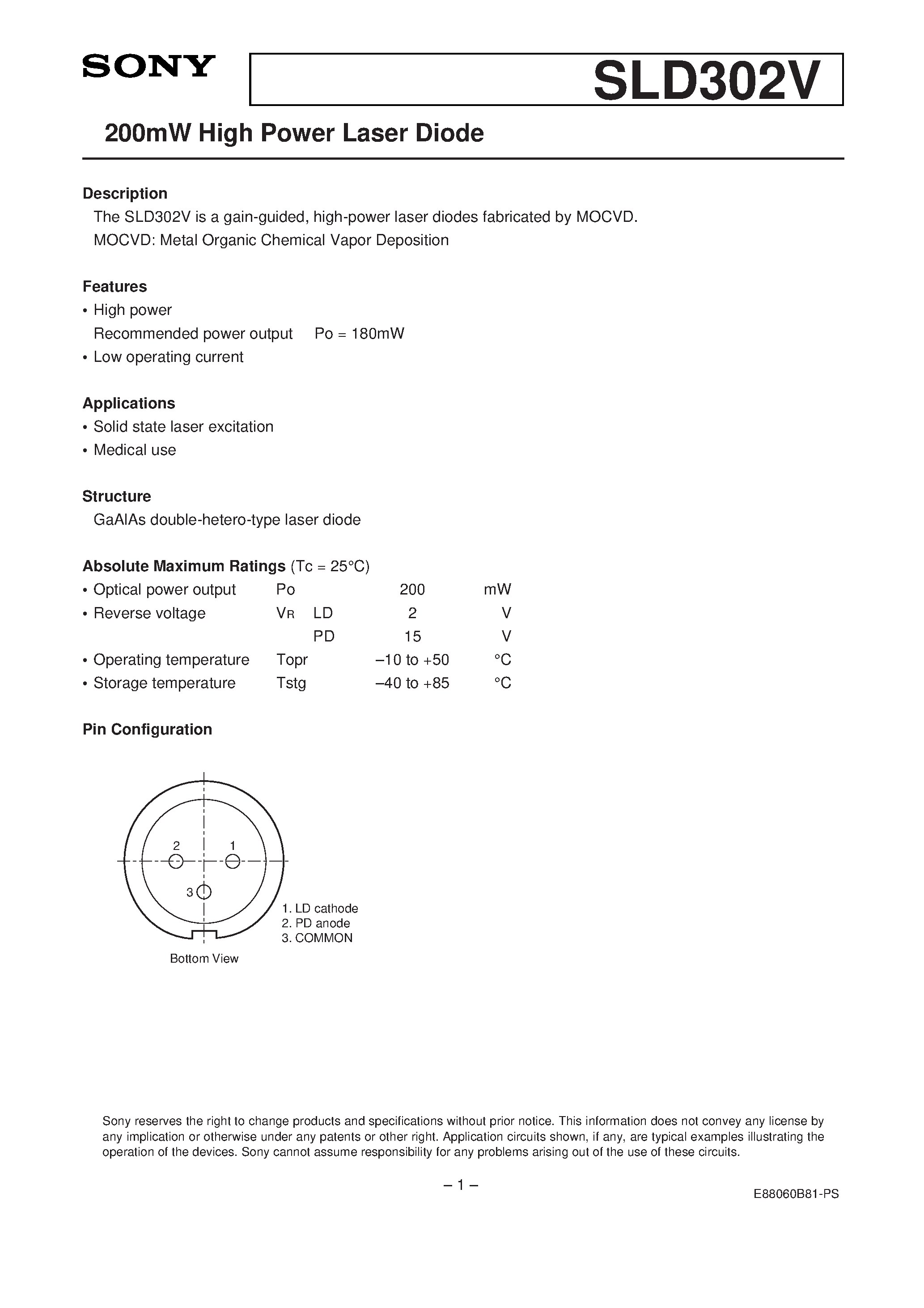 Datasheet SLD302V-2 - 200mW High Power Laser Diode page 1