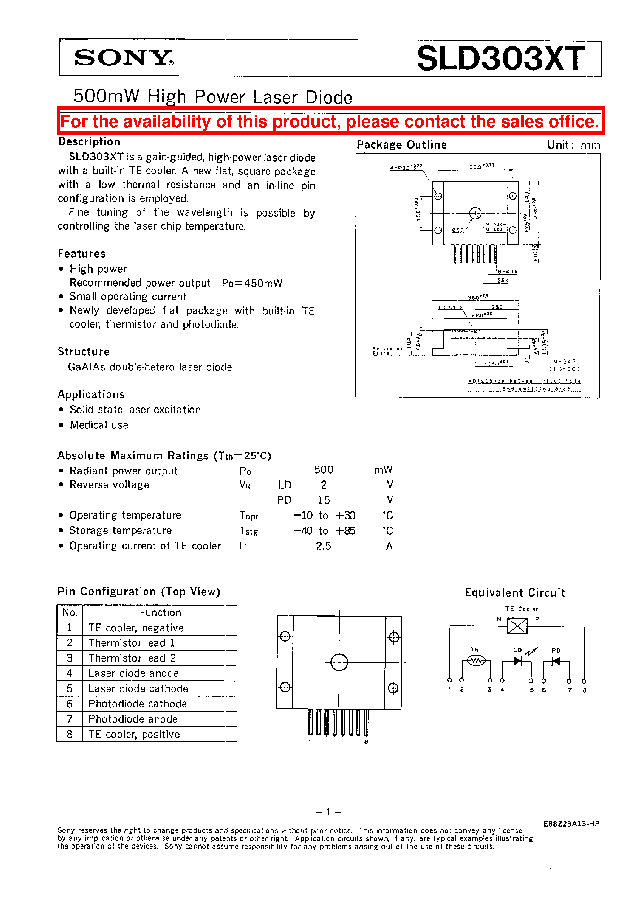 Datasheet SLD303XT-2 - 500mW High Power Laser Diode page 1