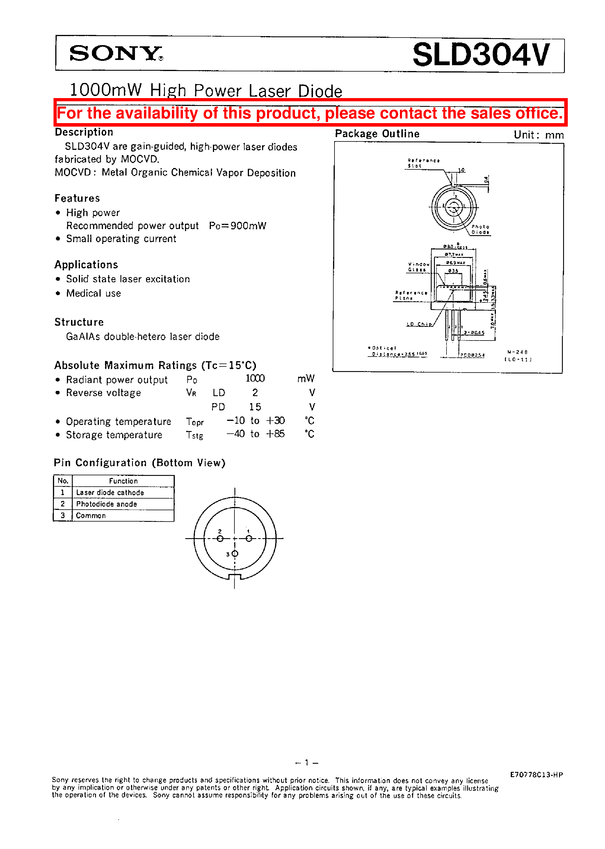 Datasheet SLD304V-3 - 1000mW High Power Laser Diode page 1