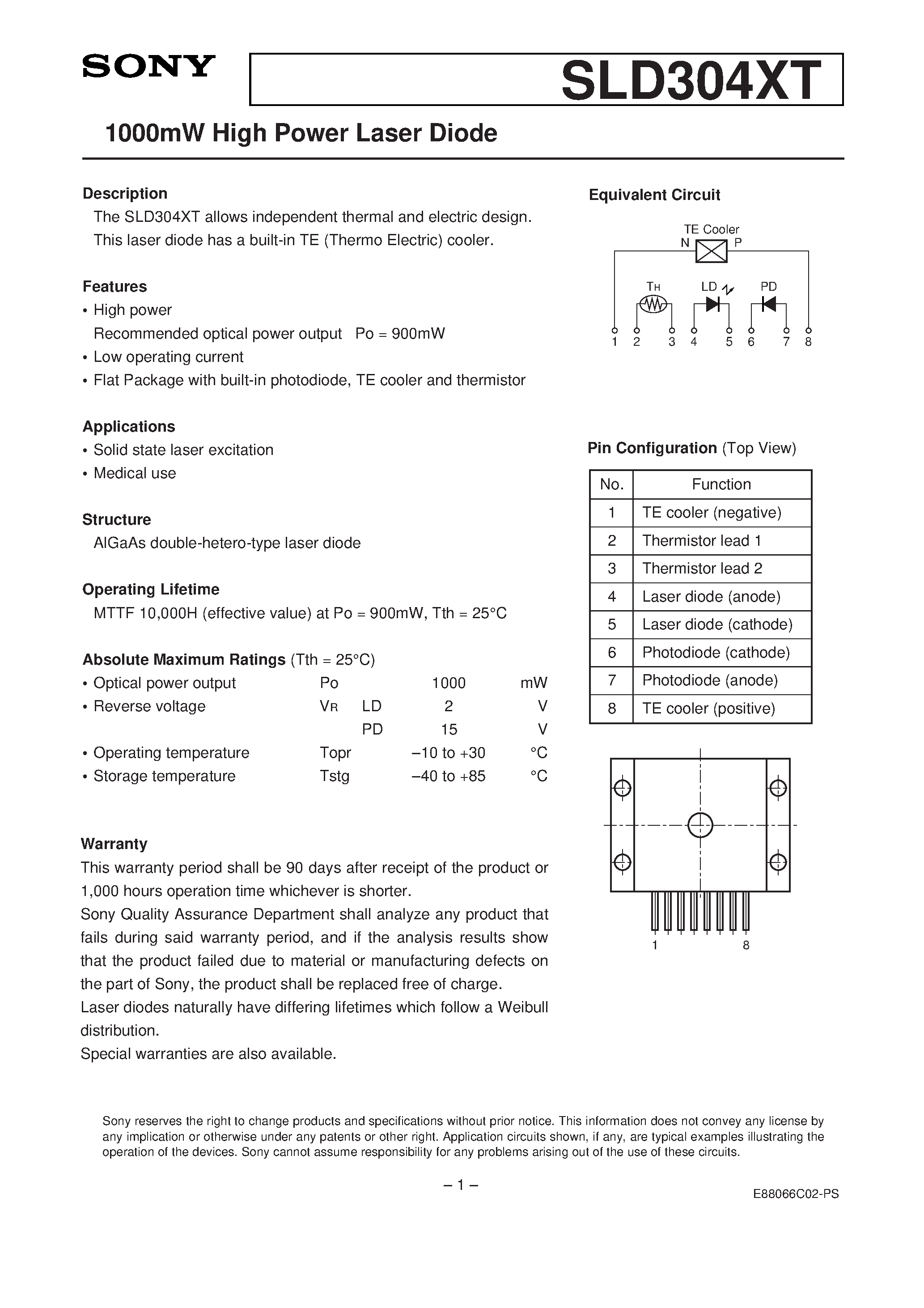 Datasheet SLD304XT-3 - 1000mW High Power Laser Diode page 1