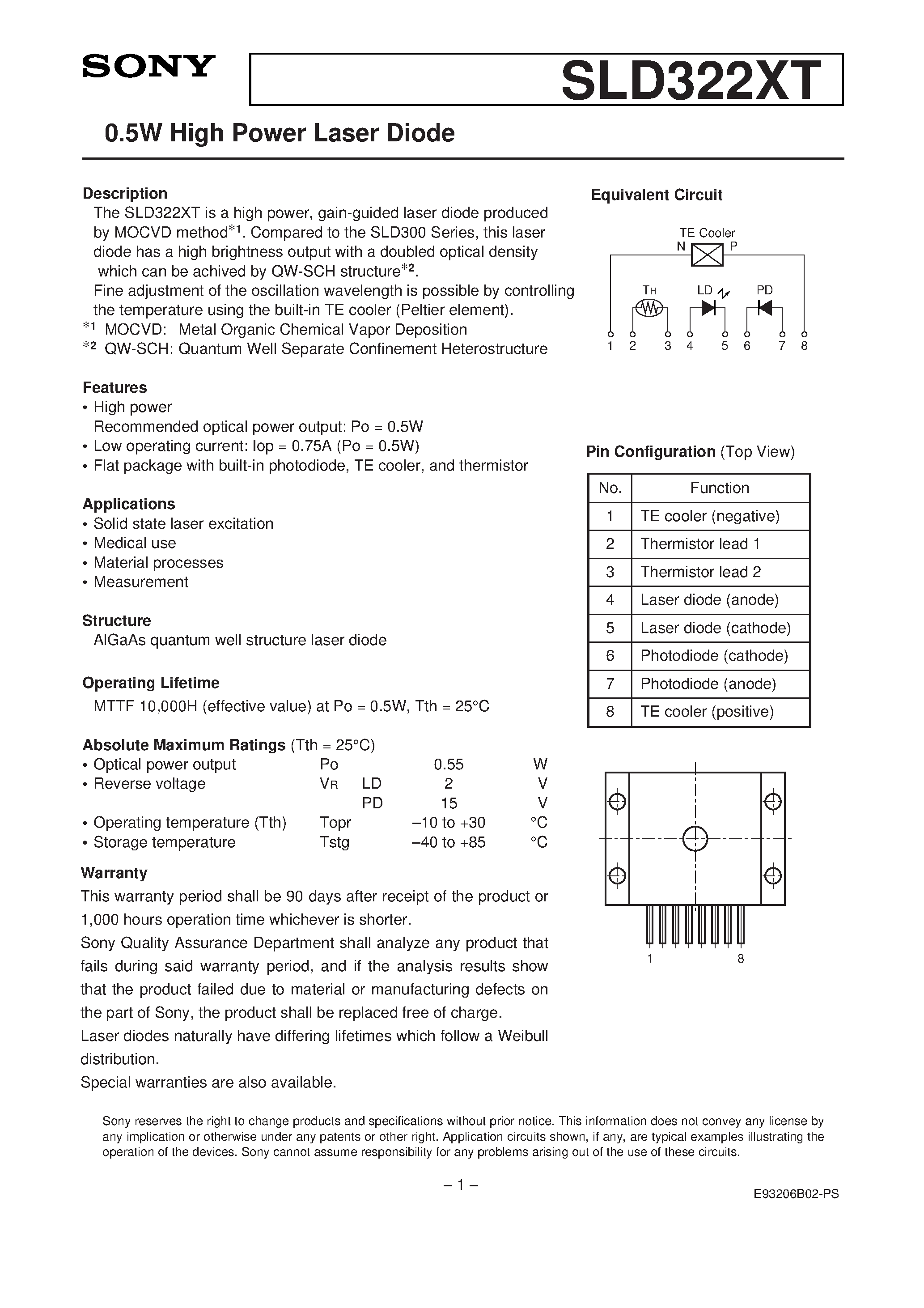 Datasheet SLD322XT-25 - 0.5W High Power Laser Diode page 1