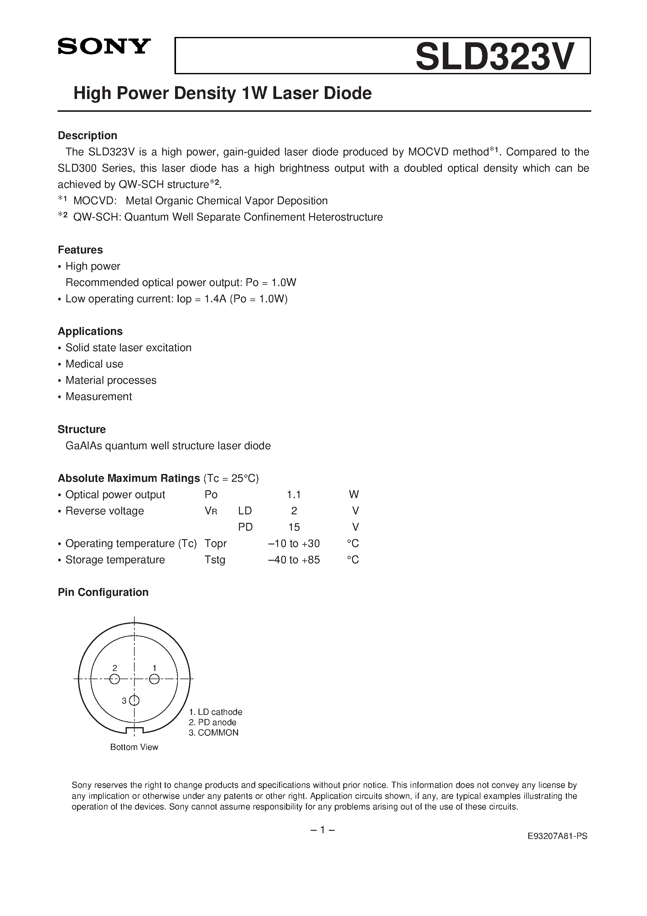 Datasheet SLD323V-1 - High Power Density 1W Laser Diode page 1