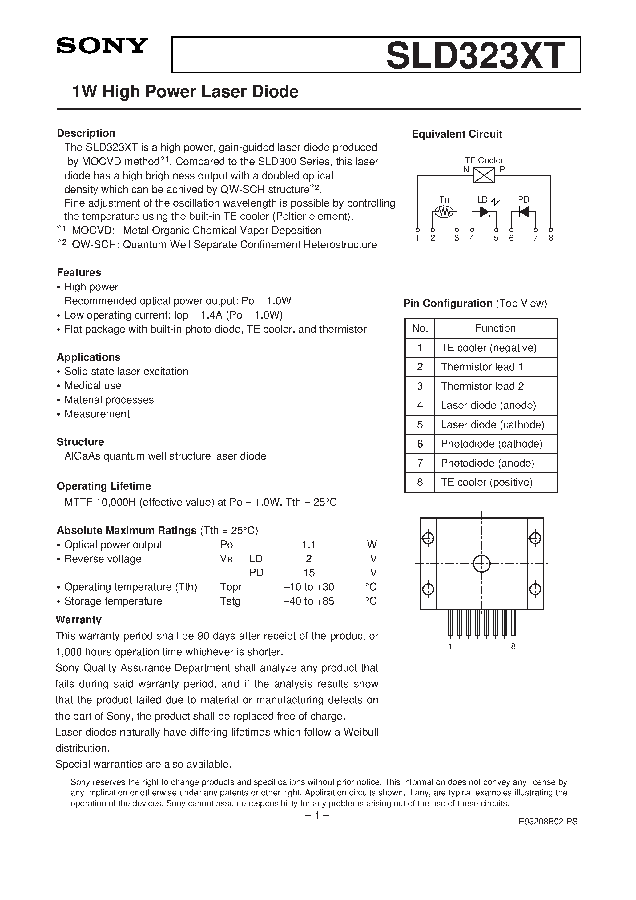 Datasheet SLD323XT-3 - 1W High Power Laser Diode page 1