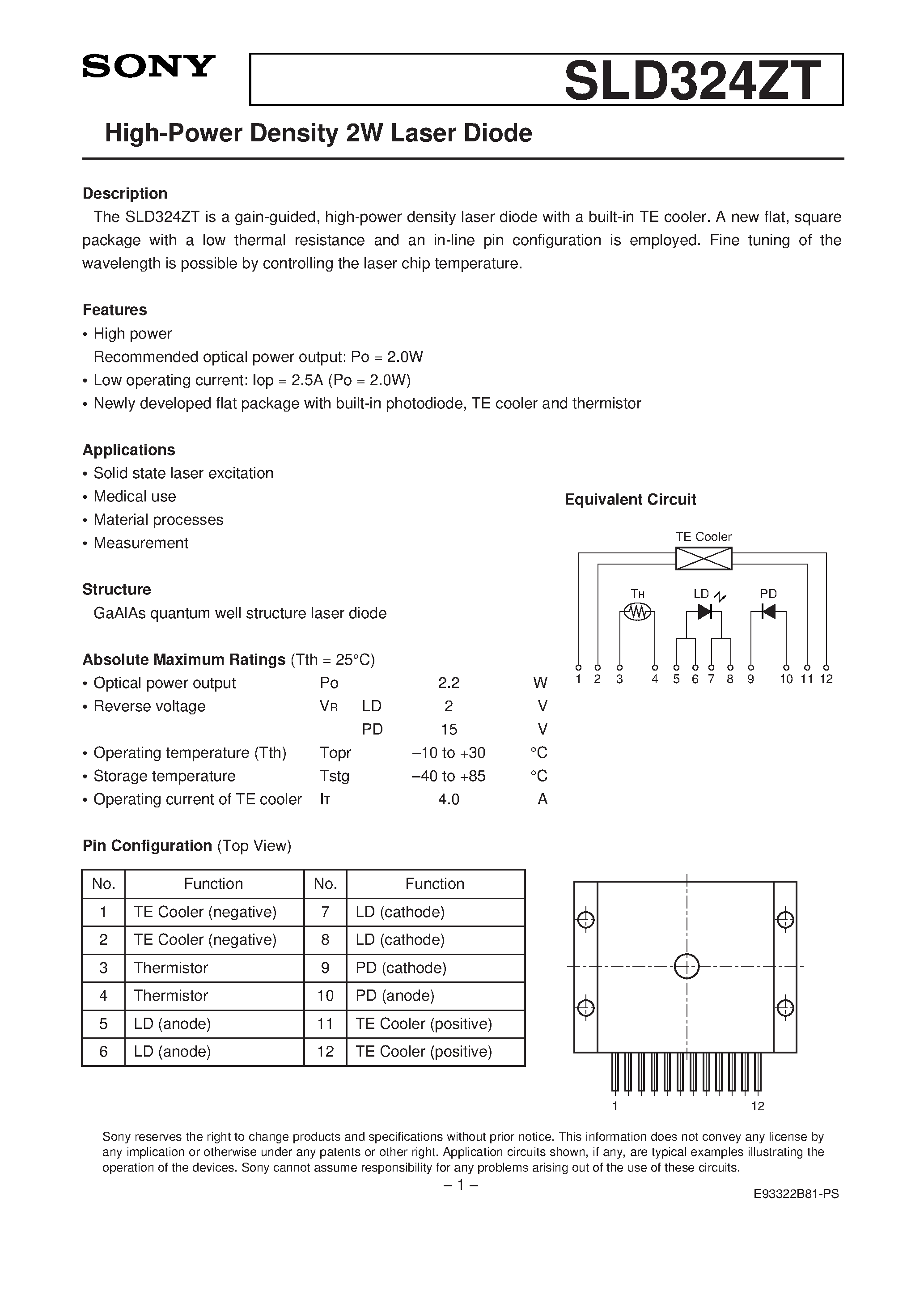 Datasheet SLD324ZT-1 - High-Power Density 2W Laser Diode page 1