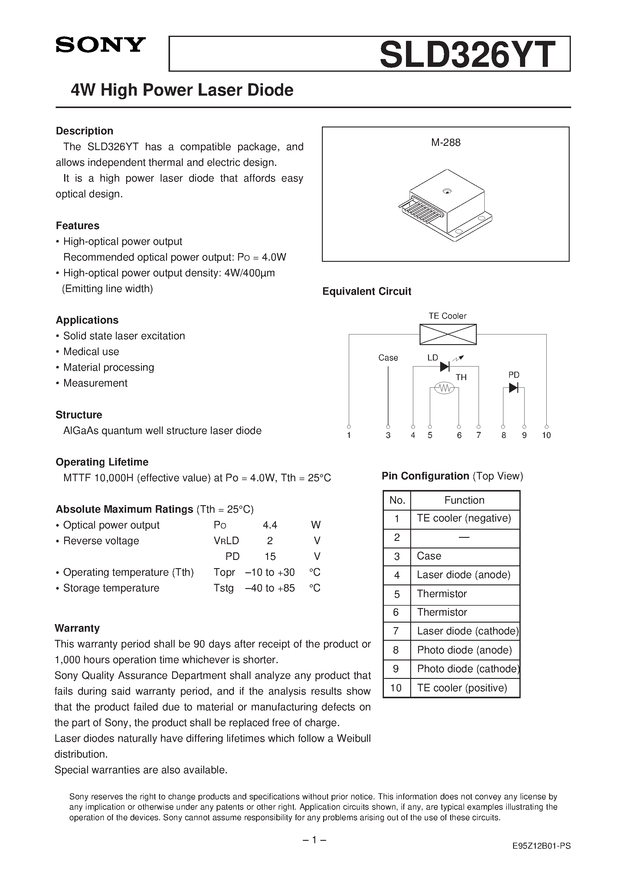 Даташит на микросхему SLD326YT-2 страница 1 Даташит SLD326YT-2 - 4W High Power Laser Diode страница 1